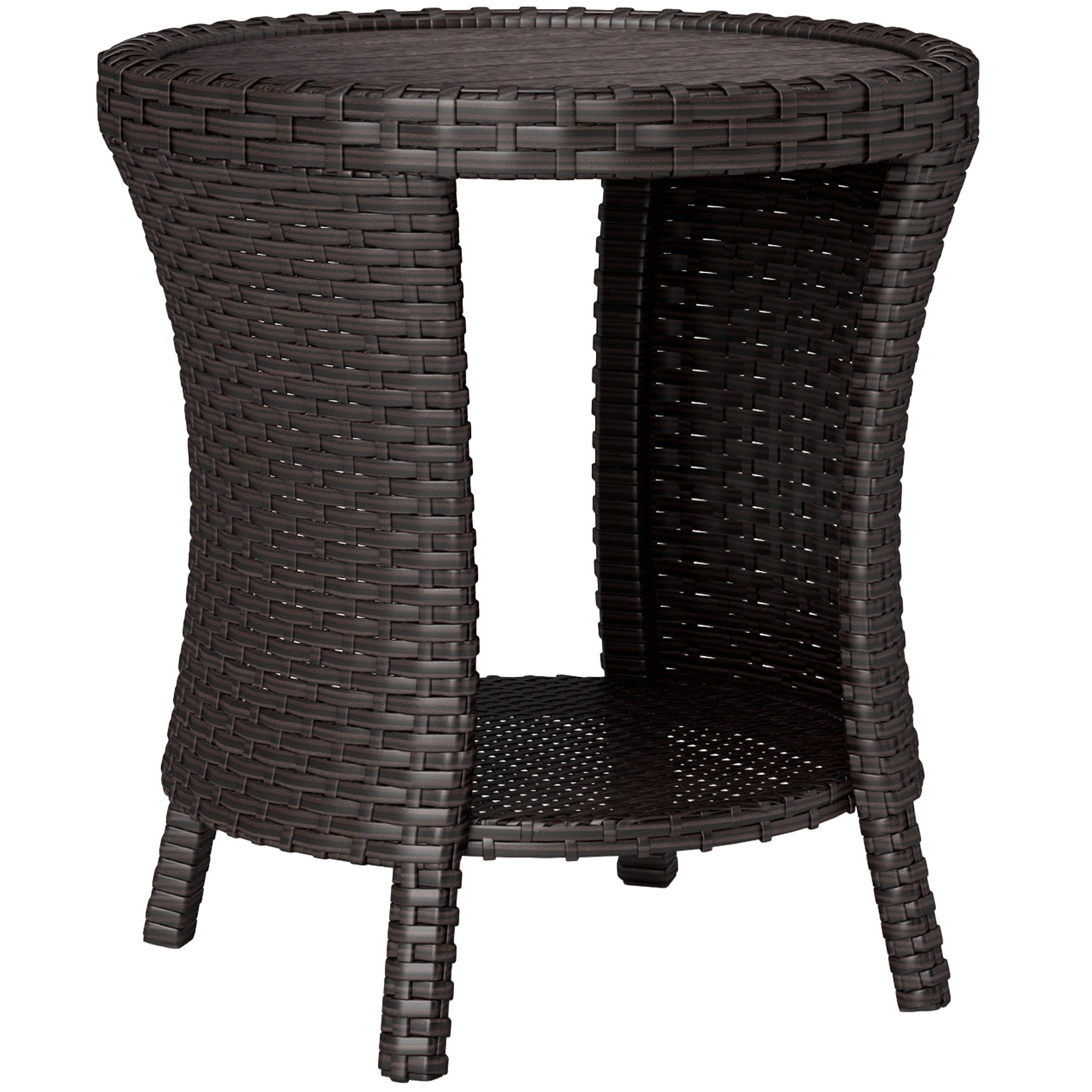 Outsunny 18" Wicker Outdoor Side Table, Patio Coffee Table with 2-Tier Storage, PE Rattan Outdoor Coffee Table with Composite Wood Top for Garden Backyard Balcony, Brown