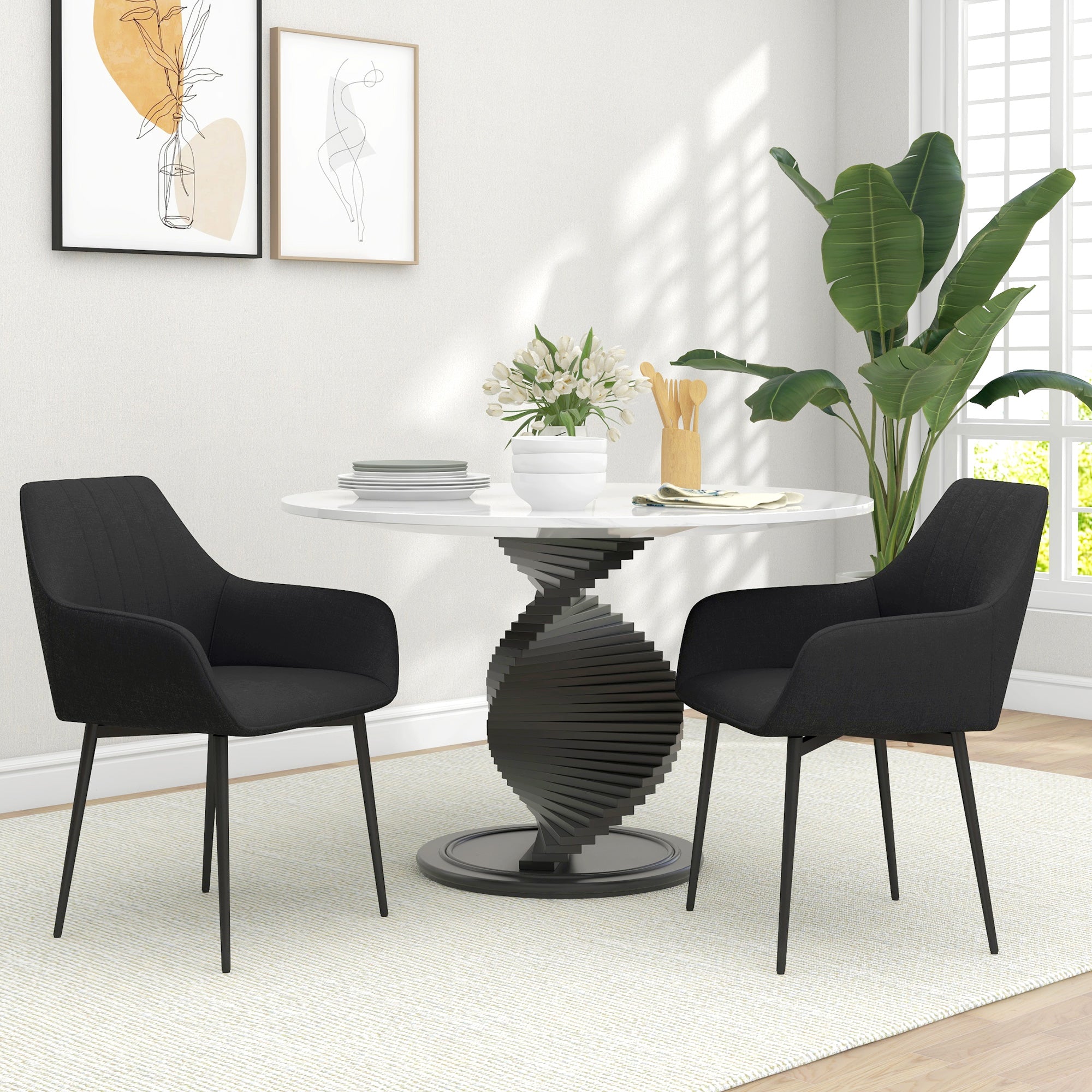 HOMCOM Dining Chairs Set of 2, Upholstered Kitchen Chairs, Linen Fabric Accent Arm Chairs with Metal Legs, Black