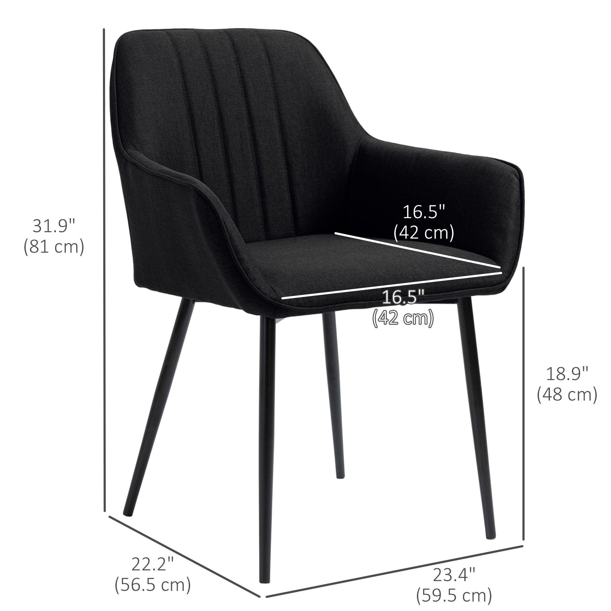 HOMCOM Dining Chairs Set of 2, Upholstered Kitchen Chairs, Linen Fabric Accent Arm Chairs with Metal Legs, Black