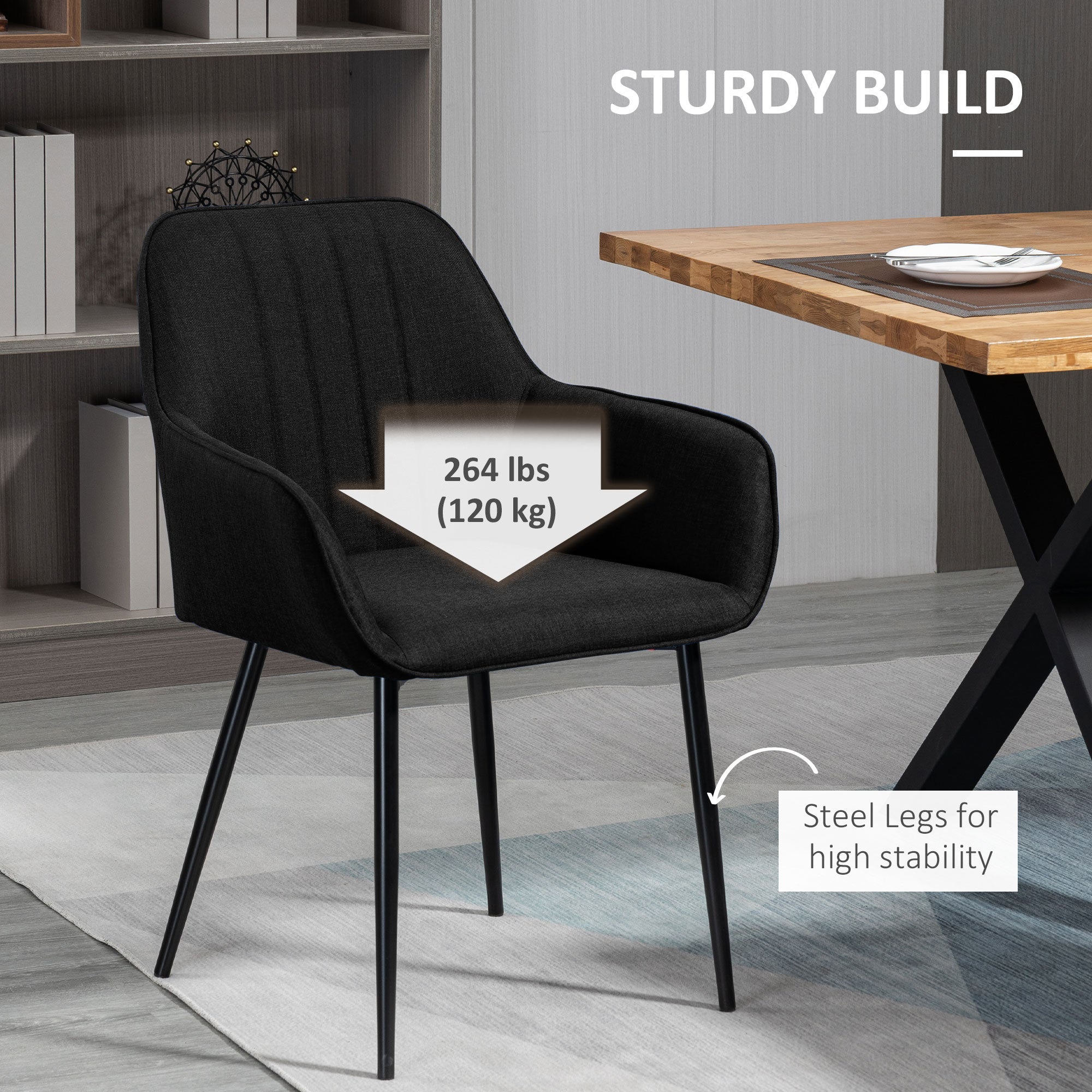 HOMCOM Dining Chairs Set of 2, Upholstered Kitchen Chairs, Linen Fabric Accent Arm Chairs with Metal Legs, Black