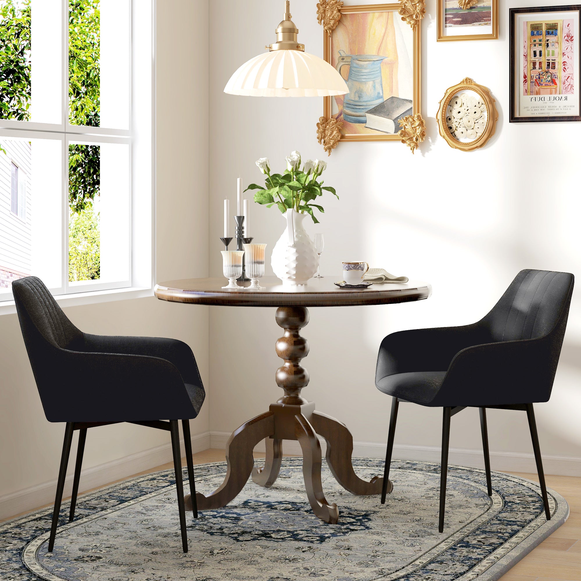 HOMCOM Dining Chairs Set of 2, Upholstered Kitchen Chairs, Linen Fabric Accent Arm Chairs with Metal Legs, Black