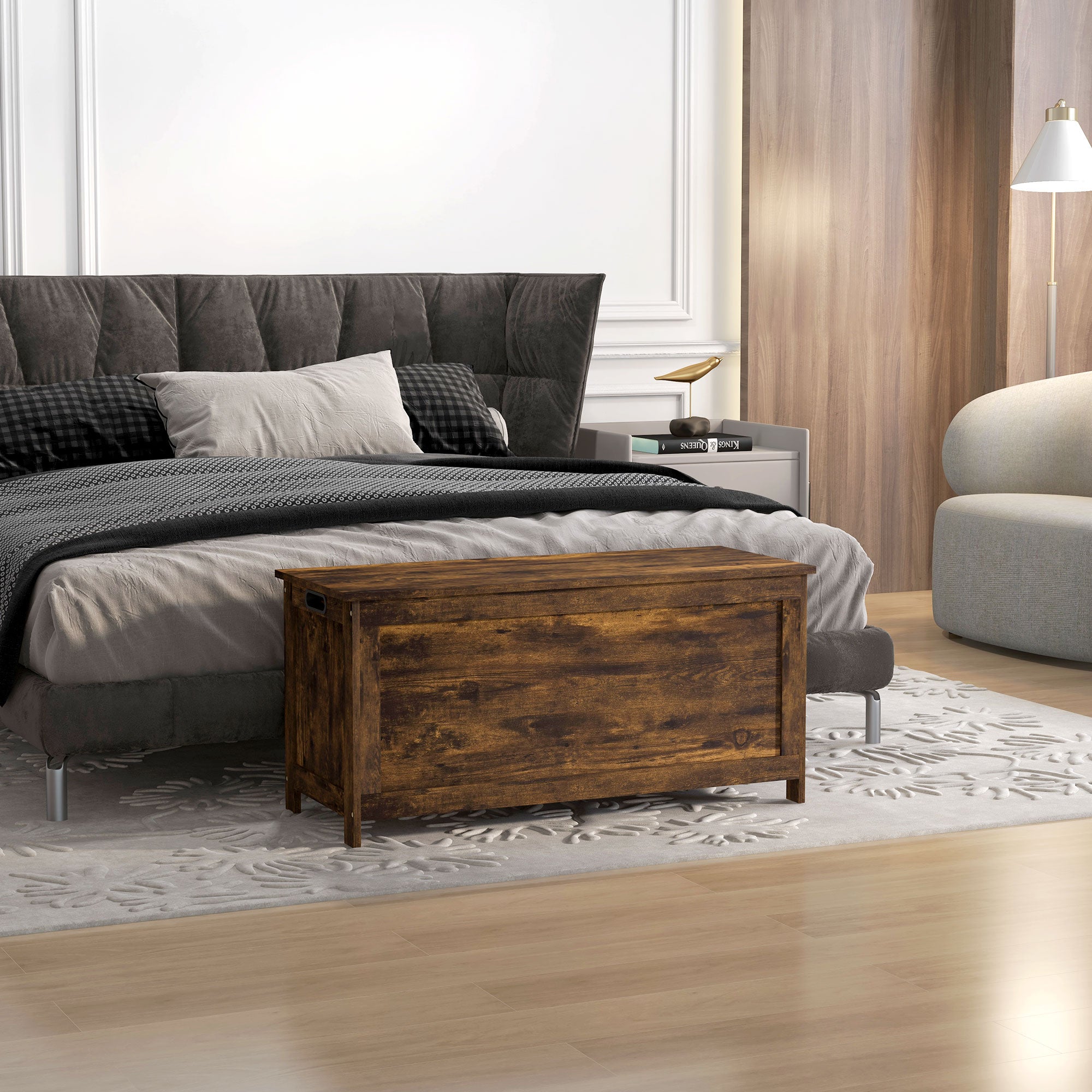 HOMCOM Storage Chest, Modern Storage Trunk with 2 Safety Hinges and Cut-out Handles, Storage Bench for Living Room, Shoe Bench for Entryway, 39.4" x 15.7" x 18.9", Rustic Brown