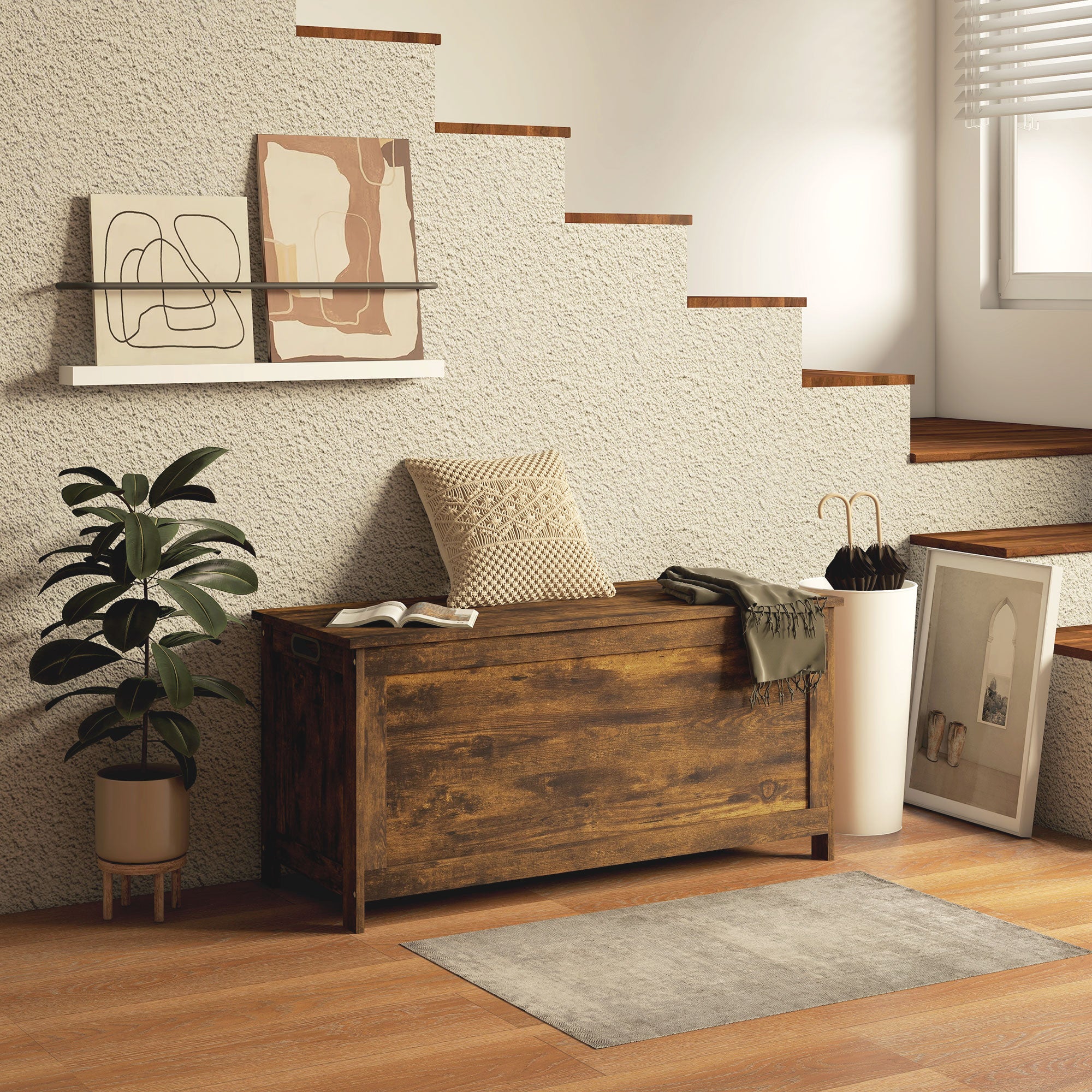 HOMCOM Storage Chest, Modern Storage Trunk with 2 Safety Hinges and Cut-out Handles, Storage Bench for Living Room, Shoe Bench for Entryway, 39.4" x 15.7" x 18.9", Rustic Brown