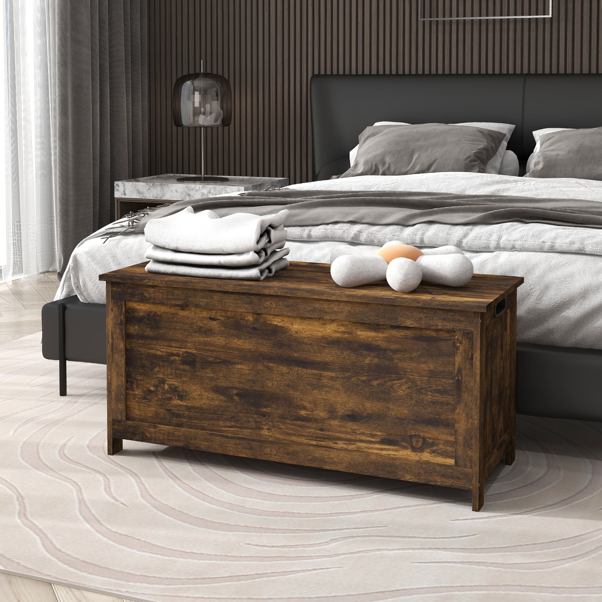 HOMCOM Storage Chest, Modern Storage Trunk with 2 Safety Hinges and Cut-out Handles, Storage Bench for Living Room, Shoe Bench for Entryway, 39.4" x 15.7" x 18.9", Rustic Brown