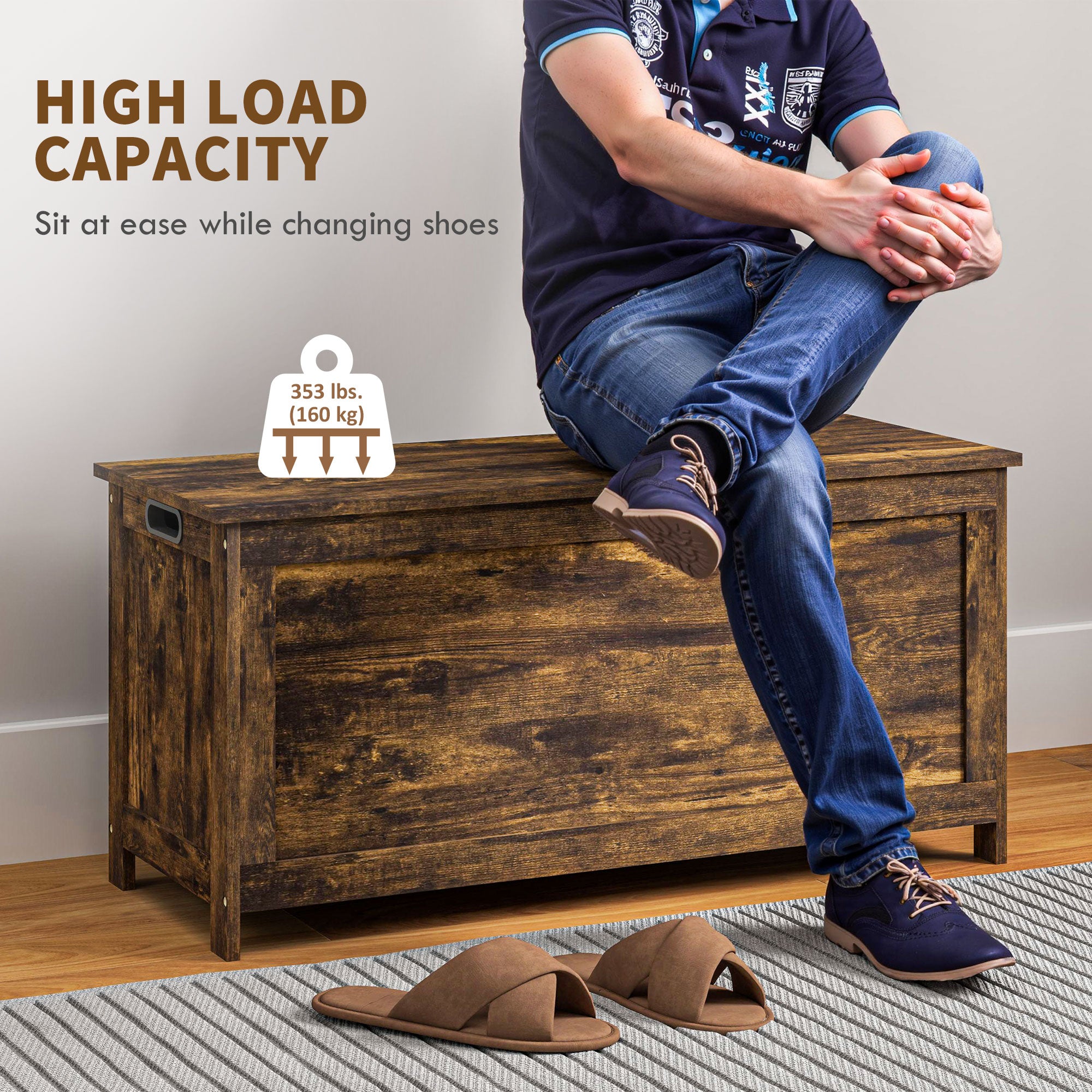 HOMCOM Storage Chest, Modern Storage Trunk with 2 Safety Hinges and Cut-out Handles, Storage Bench for Living Room, Shoe Bench for Entryway, 39.4" x 15.7" x 18.9", Rustic Brown