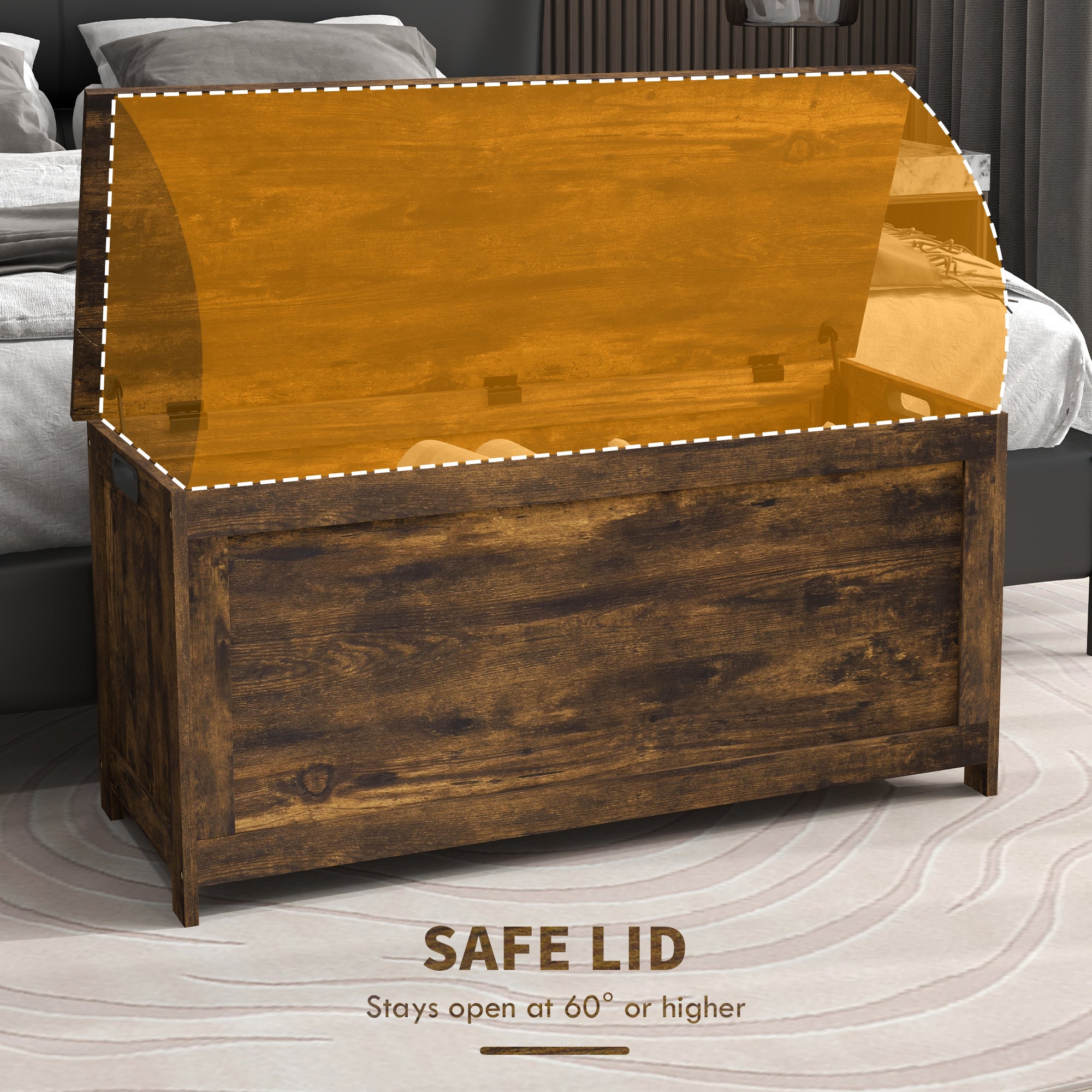 HOMCOM Storage Chest, Modern Storage Trunk with 2 Safety Hinges and Cut-out Handles, Storage Bench for Living Room, Shoe Bench for Entryway, 39.4" x 15.7" x 18.9", Rustic Brown