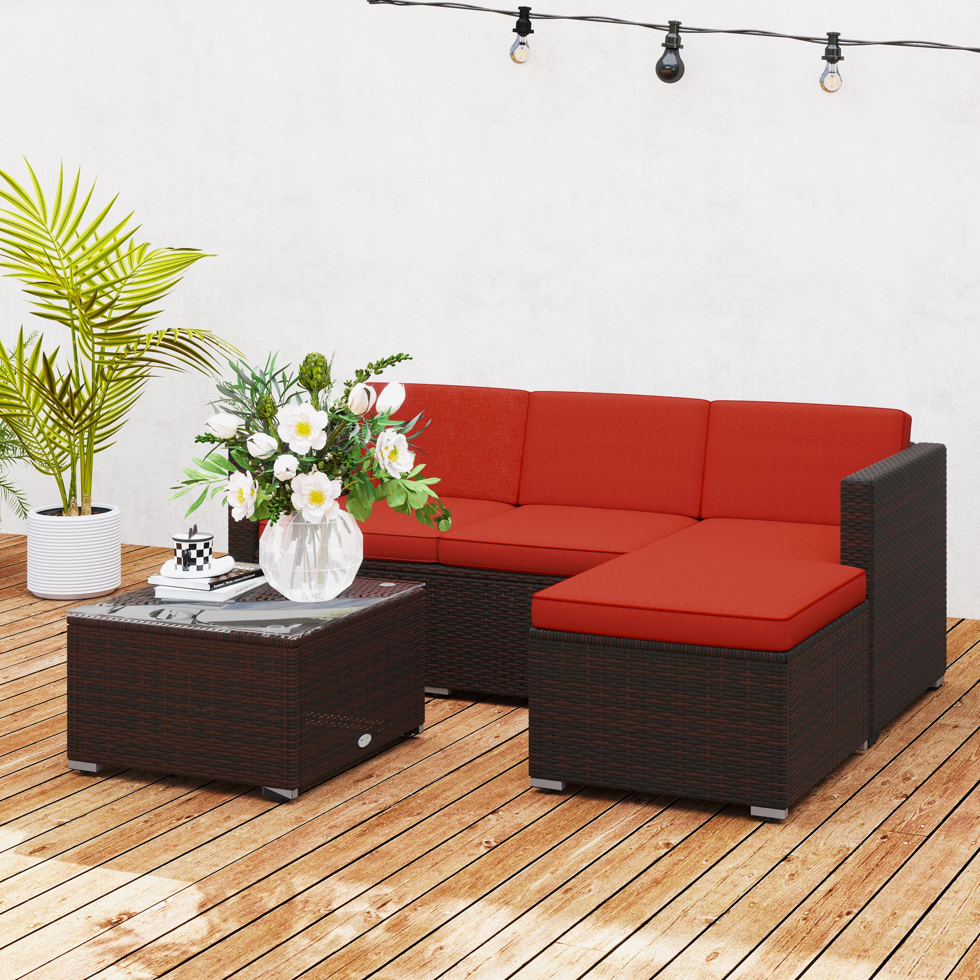 Outsunny 3 Pieces Patio Furniture Set with Cushions, Outdoor PE Rattan Wicker Conversation Corner Sofa Set with Glass Top Table and Adjustable Foot for Garden, Lawn, Red