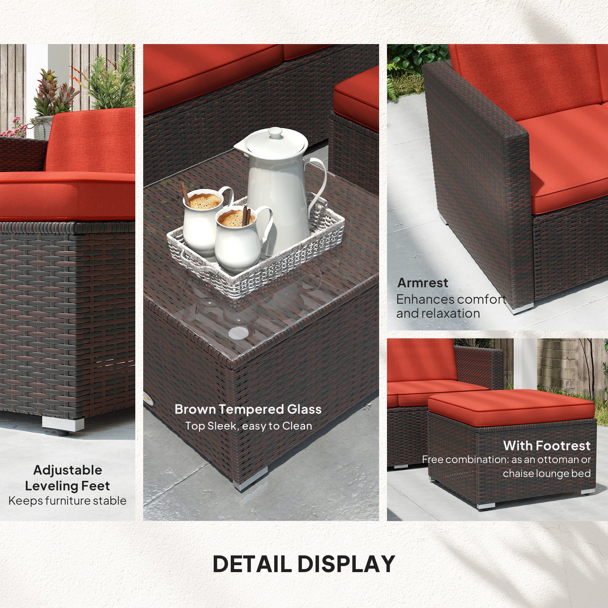 Outsunny 3 Pieces Patio Furniture Set with Cushions, Outdoor PE Rattan Wicker Conversation Corner Sofa Set with Glass Top Table and Adjustable Foot for Garden, Lawn, Red