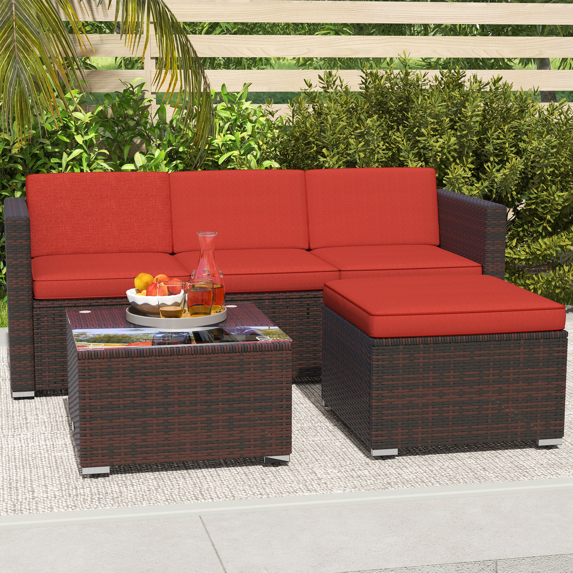 Outsunny 3 Pieces Patio Furniture Set with Cushions, Outdoor PE Rattan Wicker Conversation Corner Sofa Set with Glass Top Table and Adjustable Foot for Garden, Lawn, Red