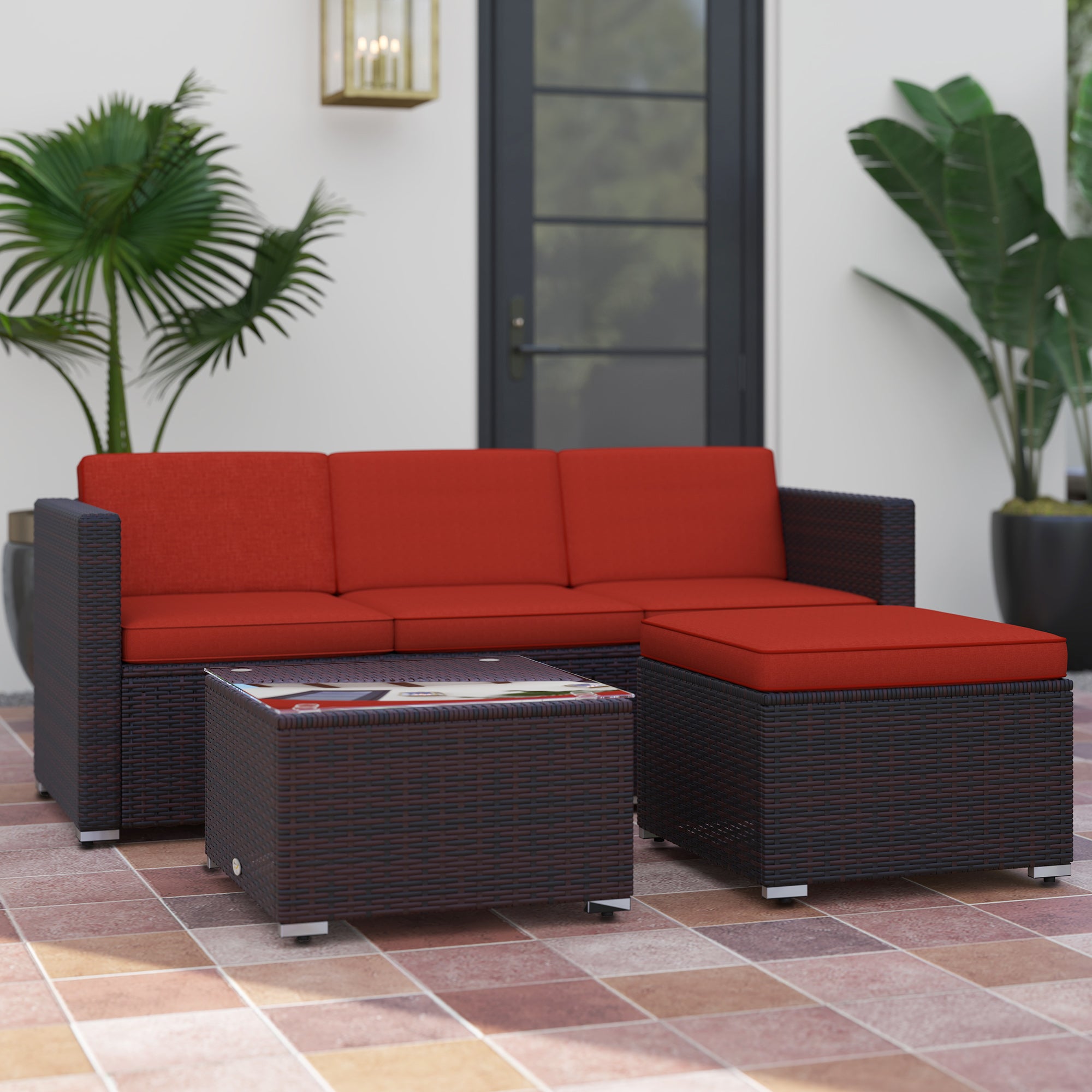Outsunny 3 Pieces Patio Furniture Set with Cushions, Outdoor PE Rattan Wicker Conversation Corner Sofa Set with Glass Top Table and Adjustable Foot for Garden, Lawn, Red
