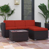 Outsunny 3 Pieces Patio Furniture Set with Cushions, Outdoor PE Rattan Wicker Conversation Corner Sofa Set with Glass Top Table and Adjustable Foot for Garden, Lawn, Red