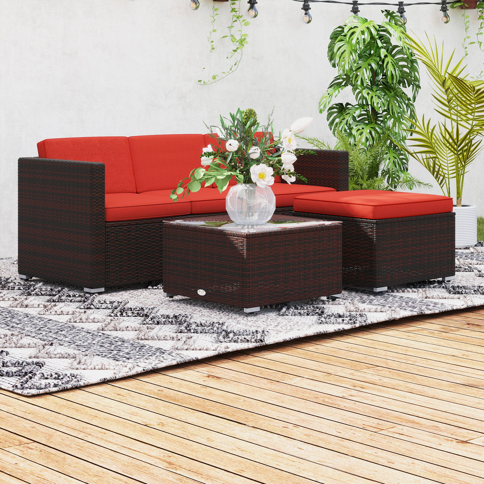 Outsunny 3 Pieces Patio Furniture Set with Cushions, Outdoor PE Rattan Wicker Conversation Corner Sofa Set with Glass Top Table and Adjustable Foot for Garden, Lawn, Red