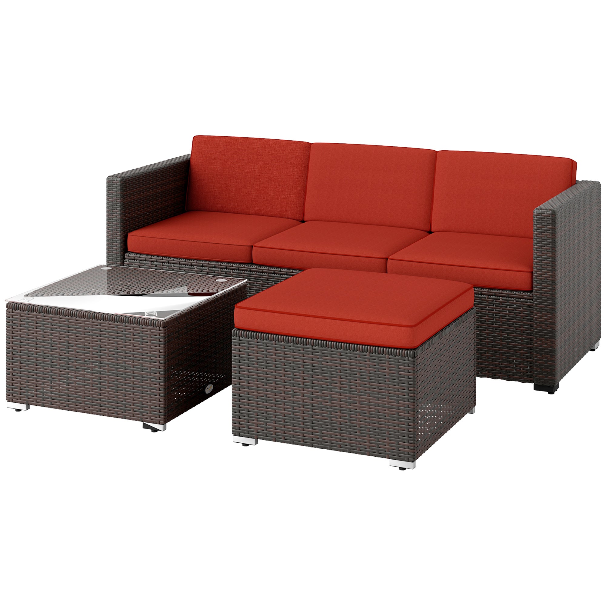 Outsunny 3 Pieces Patio Furniture Set with Cushions, Outdoor PE Rattan Wicker Conversation Corner Sofa Set with Glass Top Table and Adjustable Foot for Garden, Lawn, Red