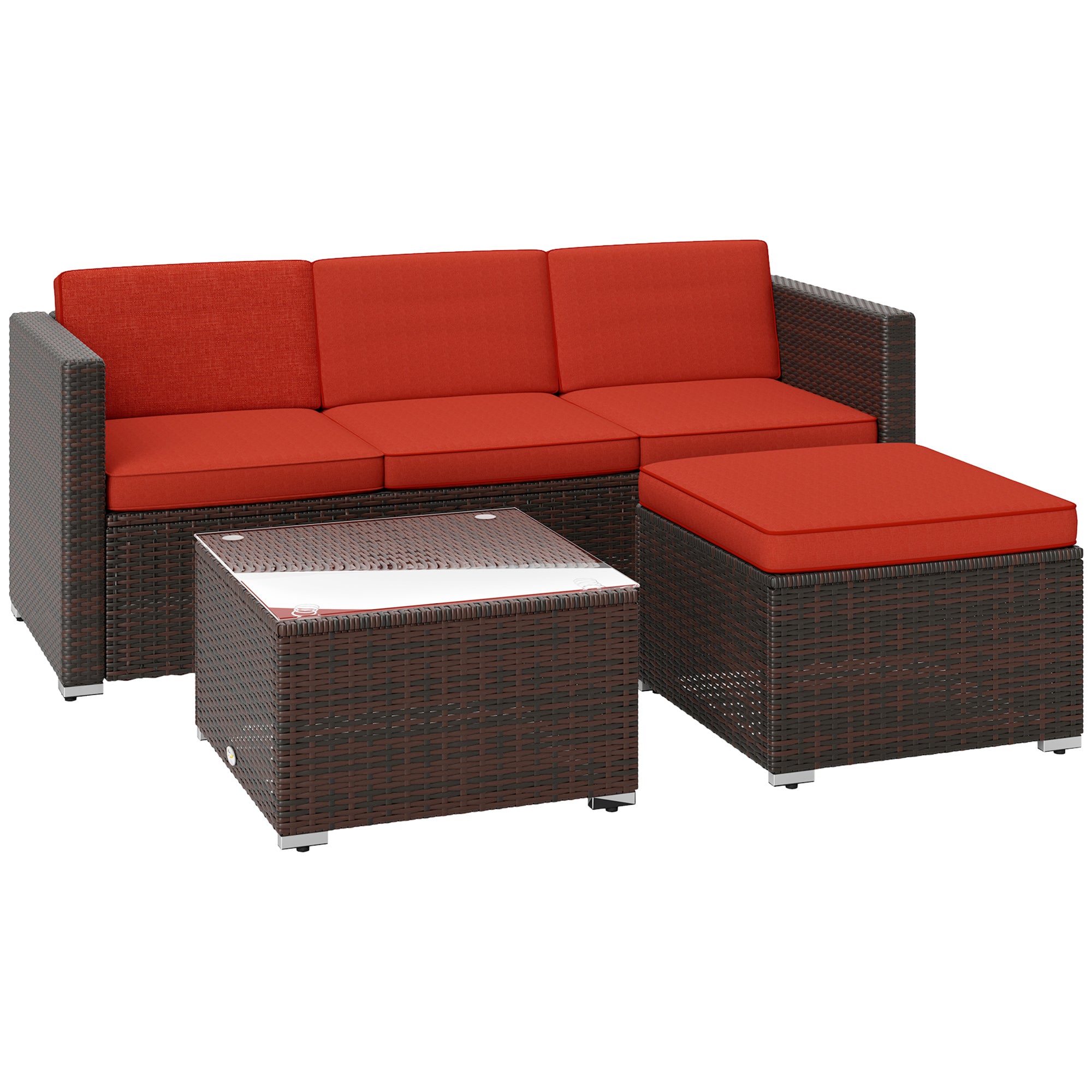 Outsunny 3 Pieces Patio Furniture Set with Cushions, Outdoor PE Rattan Wicker Conversation Corner Sofa Set with Glass Top Table and Adjustable Foot for Garden, Lawn, Red