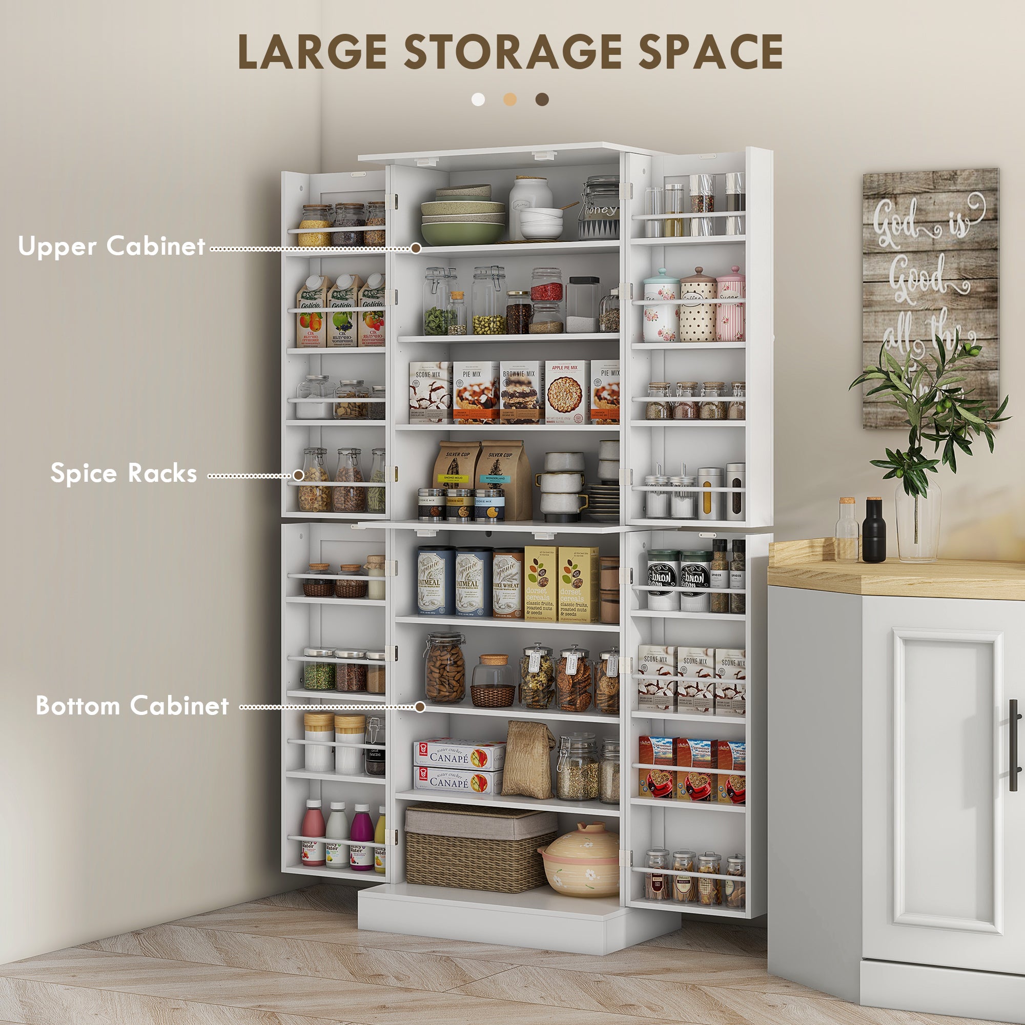 HOMCOM 65" Kitchen Pantry Cabinet, Modern Storage Cabinet with Doors and Shelves, Freestanding Cupboard for Dining Room, White