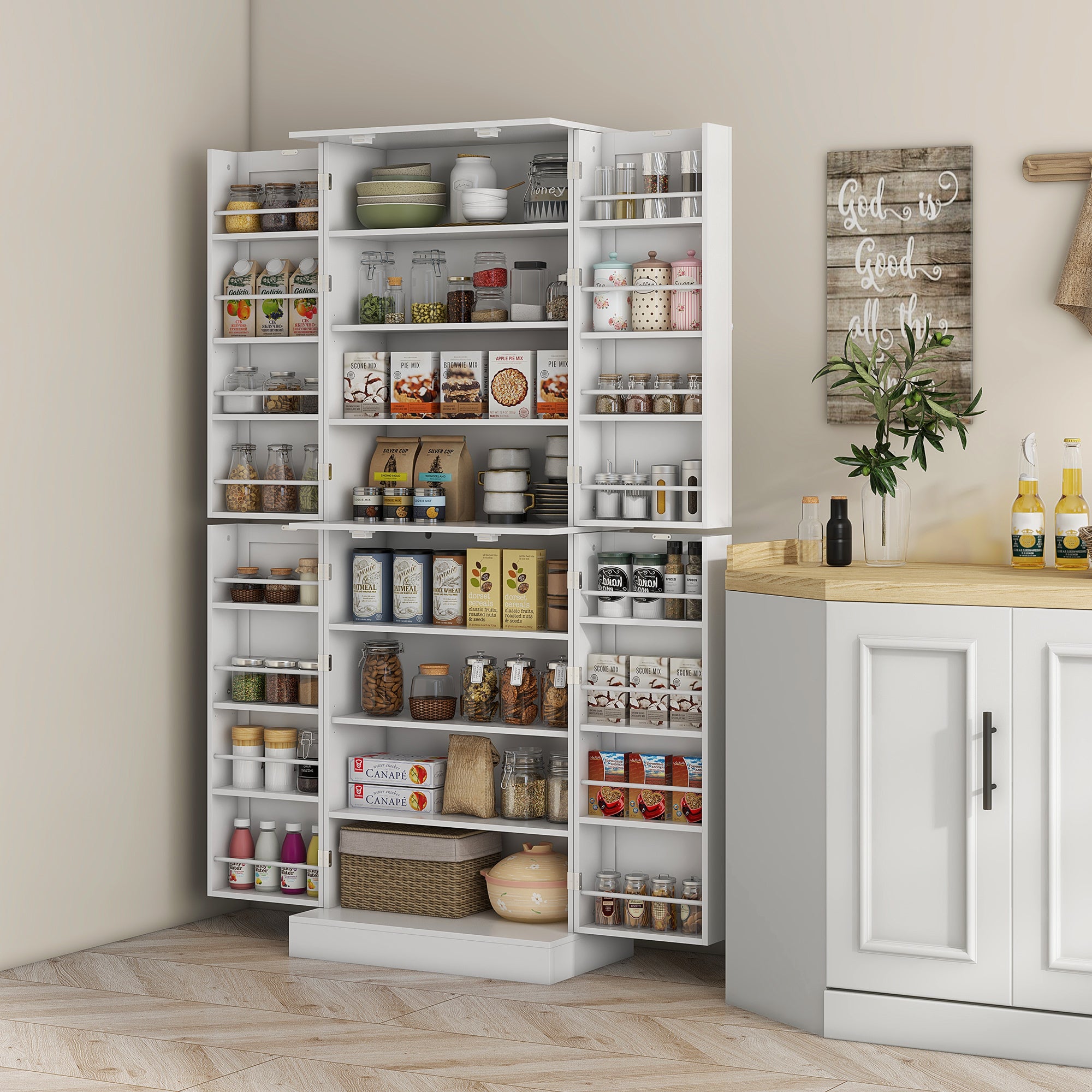 HOMCOM 65" Kitchen Pantry Cabinet, Modern Storage Cabinet with Doors and Shelves, Freestanding Cupboard for Dining Room, White