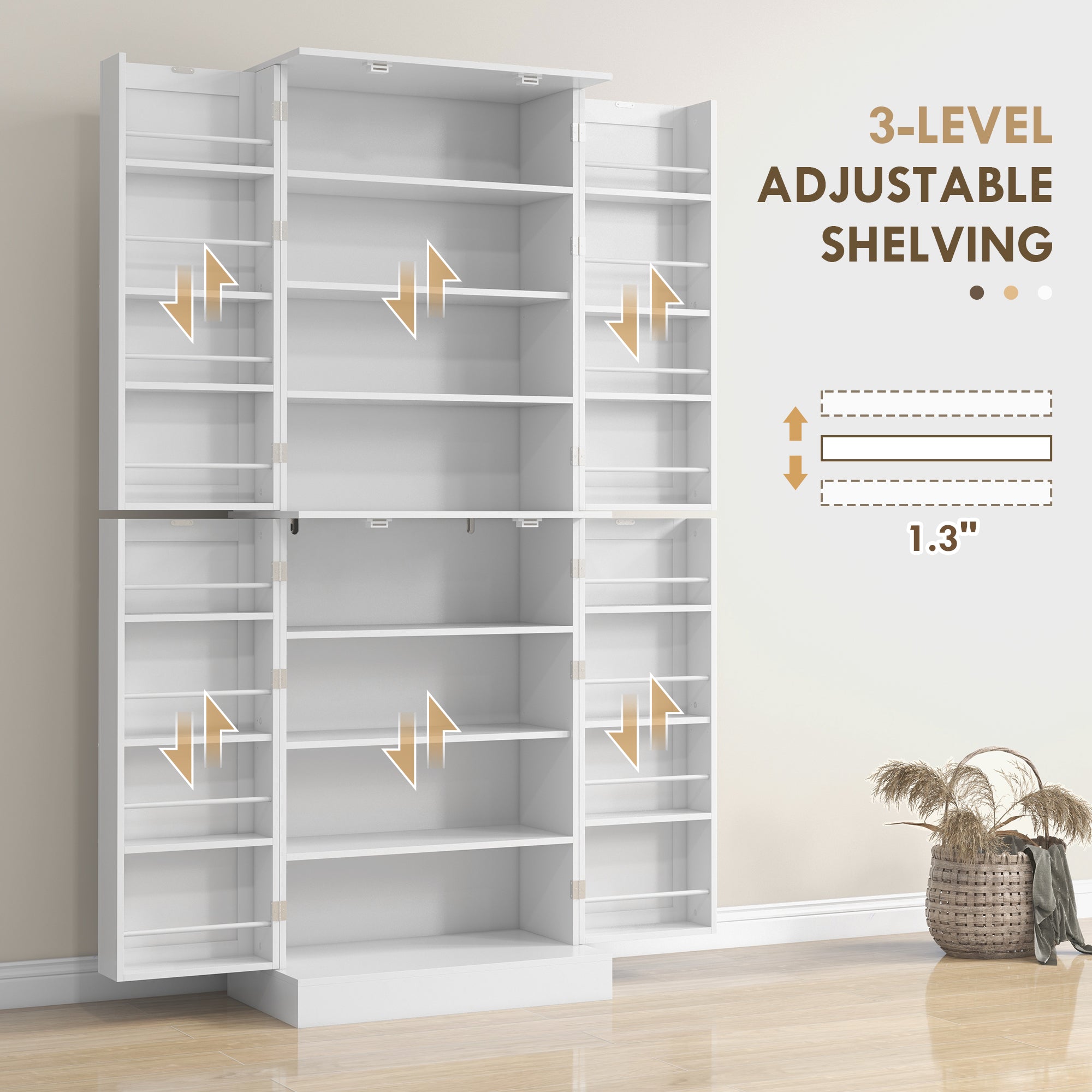 HOMCOM 65" Kitchen Pantry Cabinet, Modern Storage Cabinet with Doors and Shelves, Freestanding Cupboard for Dining Room, White