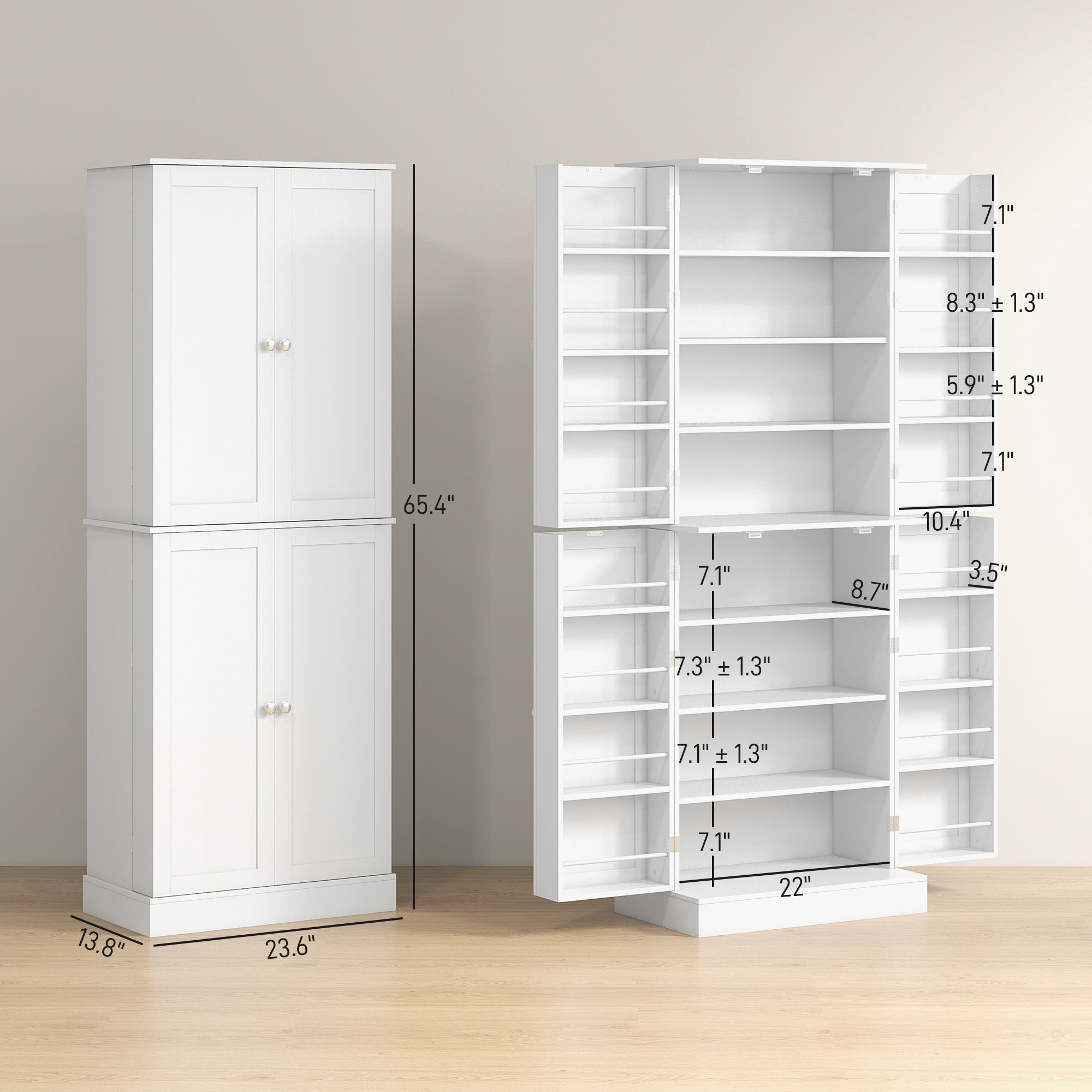 HOMCOM 65" Kitchen Pantry Cabinet, Modern Storage Cabinet with Doors and Shelves, Freestanding Cupboard for Dining Room, White
