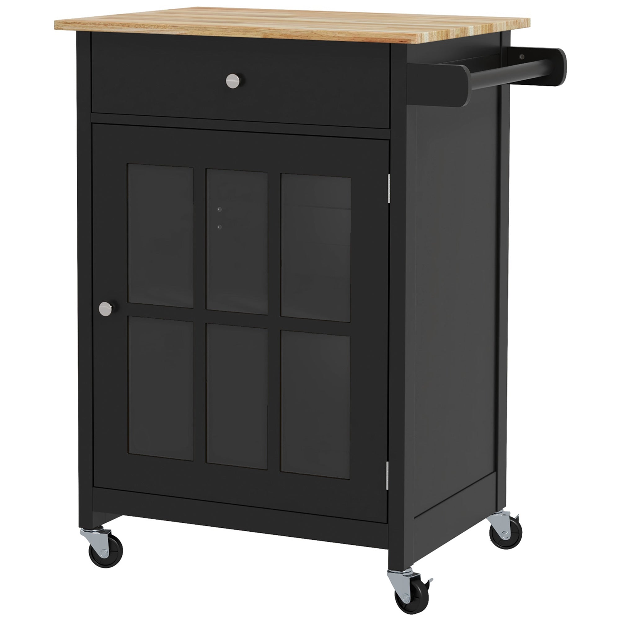 HOMCOM Rolling Kitchen Cart with Drawer and Glass Door Cabinet, Kitchen Island on Wheels with Adjustable Shelf and Towel Rack (Black)