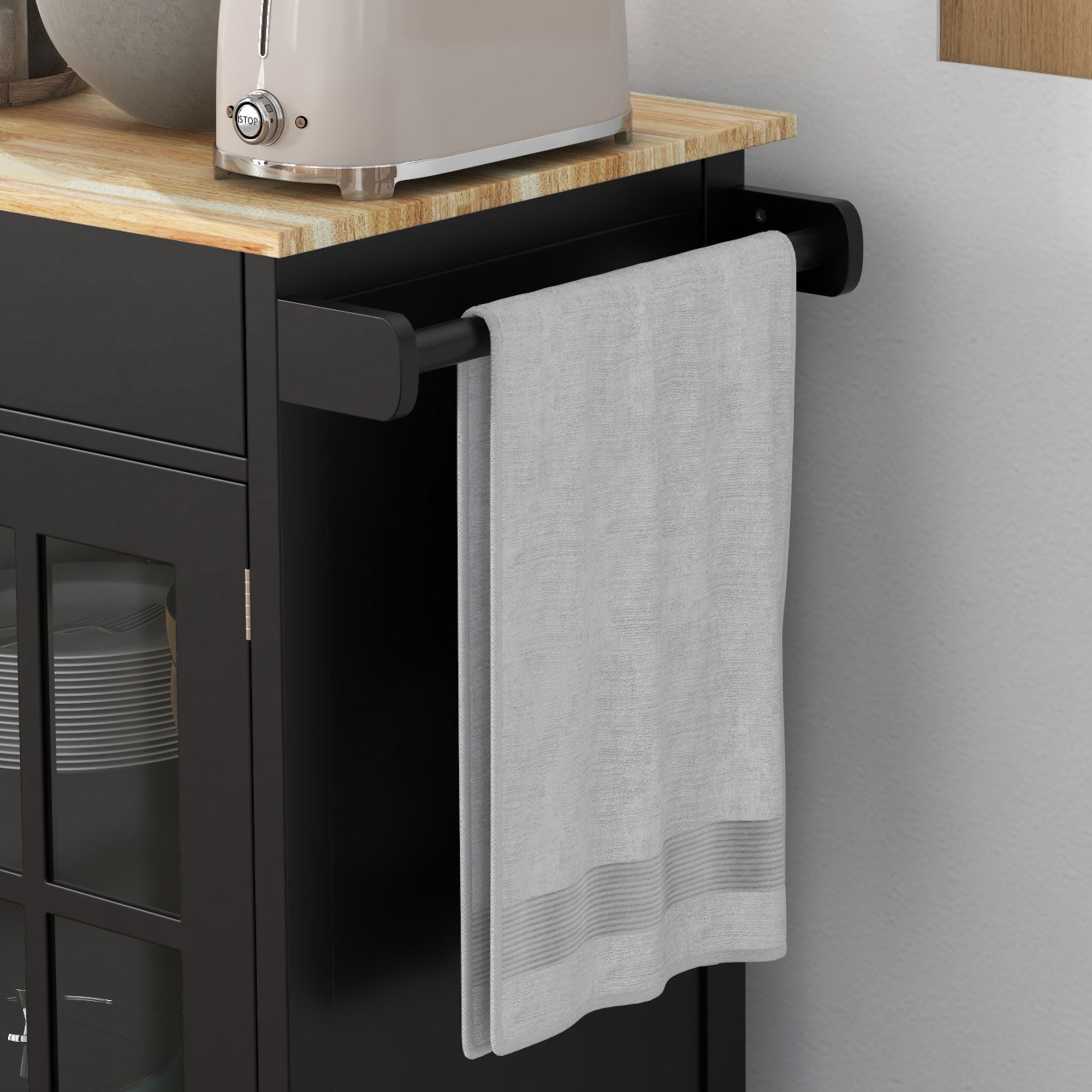 HOMCOM Rolling Kitchen Cart with Drawer and Glass Door Cabinet, Kitchen Island on Wheels with Adjustable Shelf and Towel Rack (Black)