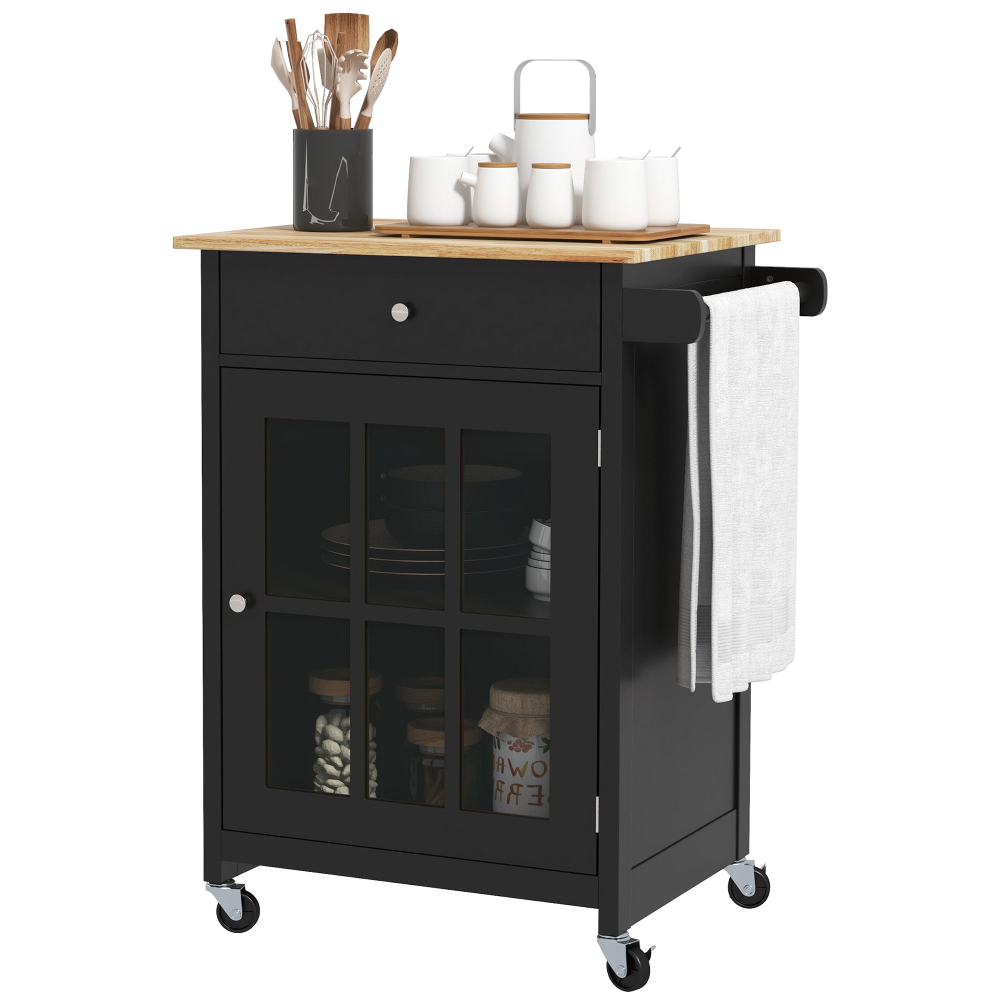 HOMCOM Rolling Kitchen Cart with Drawer and Glass Door Cabinet, Kitchen Island on Wheels with Adjustable Shelf and Towel Rack (Black)