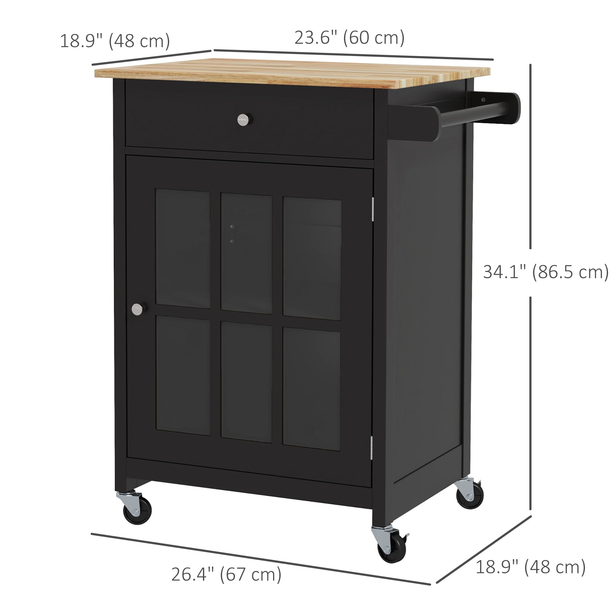 HOMCOM Rolling Kitchen Cart with Drawer and Glass Door Cabinet, Kitchen Island on Wheels with Adjustable Shelf and Towel Rack (Black)