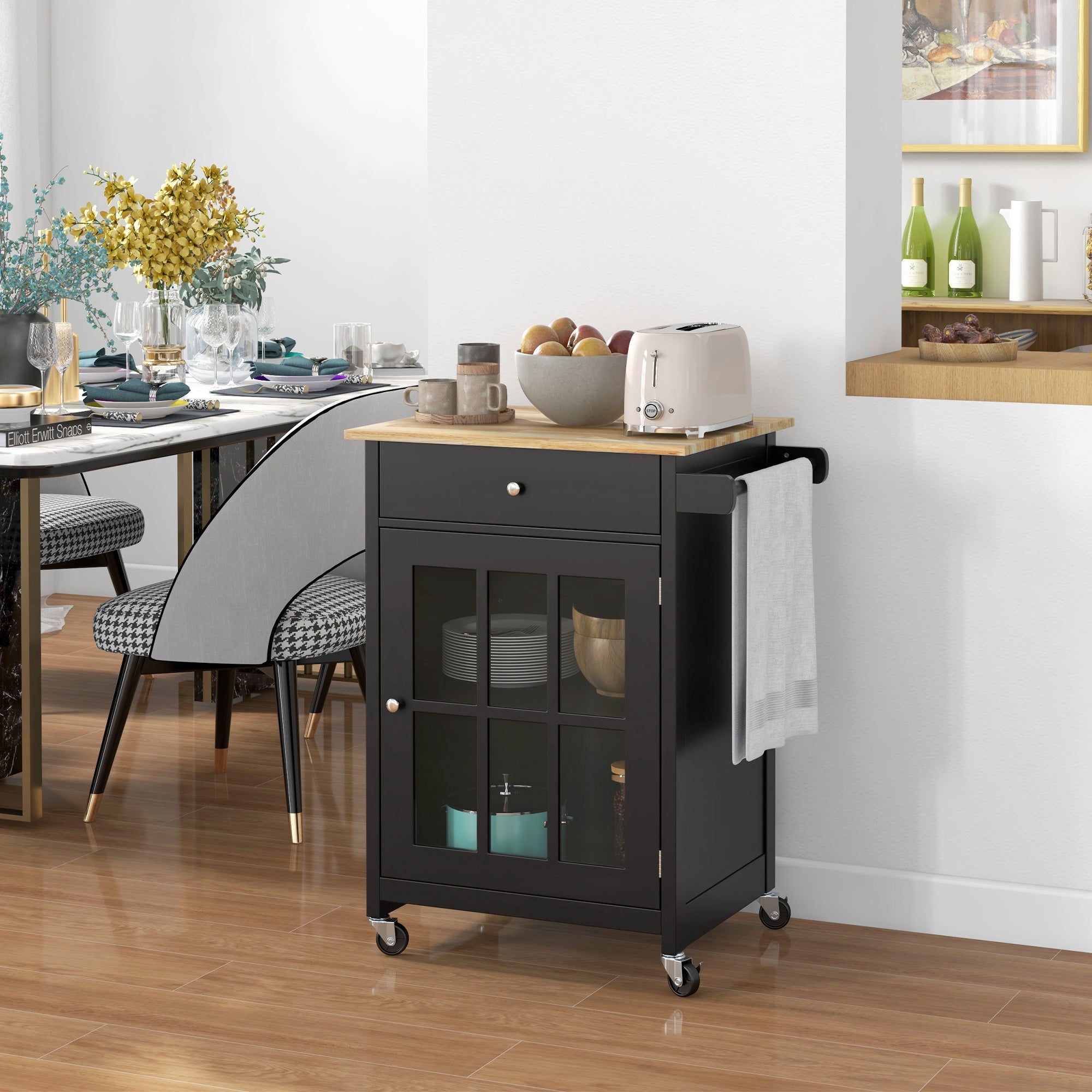 HOMCOM Rolling Kitchen Cart with Drawer and Glass Door Cabinet, Kitchen Island on Wheels with Adjustable Shelf and Towel Rack (Black)