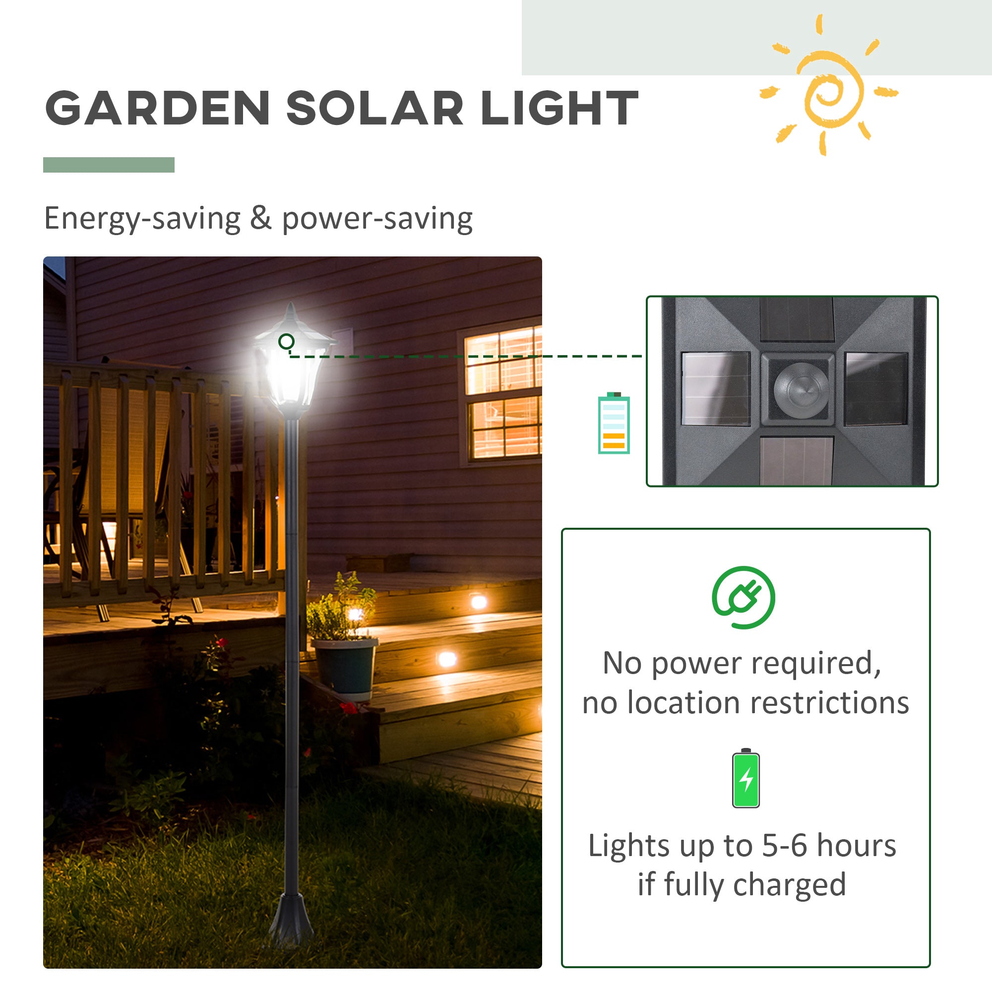 Outsunny Single Solar Lamp Post Garden Solar-Powered LED Streetlight Style Outdoor Light Waterproof 5-6 Hours with Base for Lawn Pathway Walkway 47"H