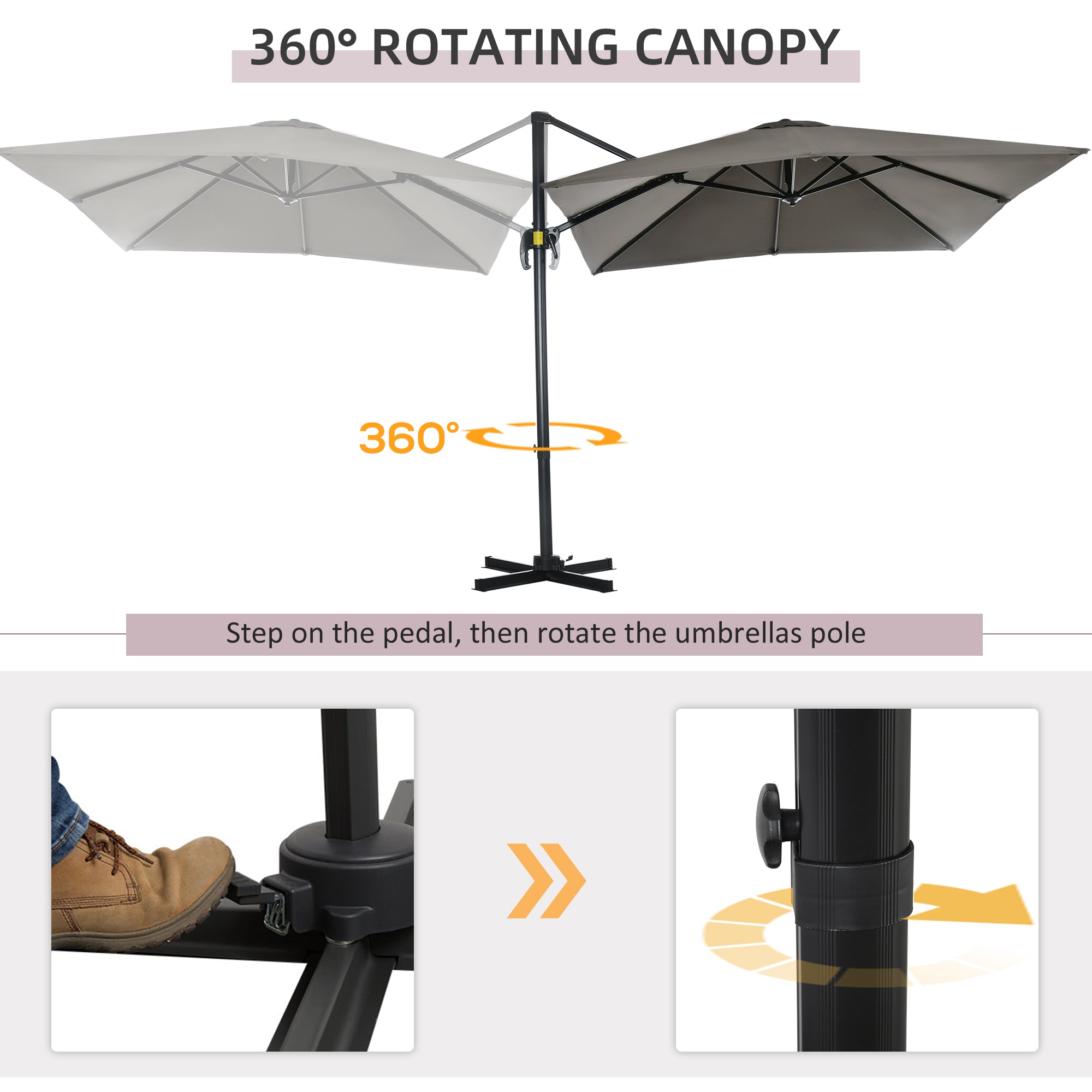 Outsunny 8' x 8' Square Patio Hanging Offset Umbrella with 360° Rotation, Aluminum Outdoor Cantilever Parasol with Crank & Tilt, Sun Canopy Shelter with Cross Base, Light Grey