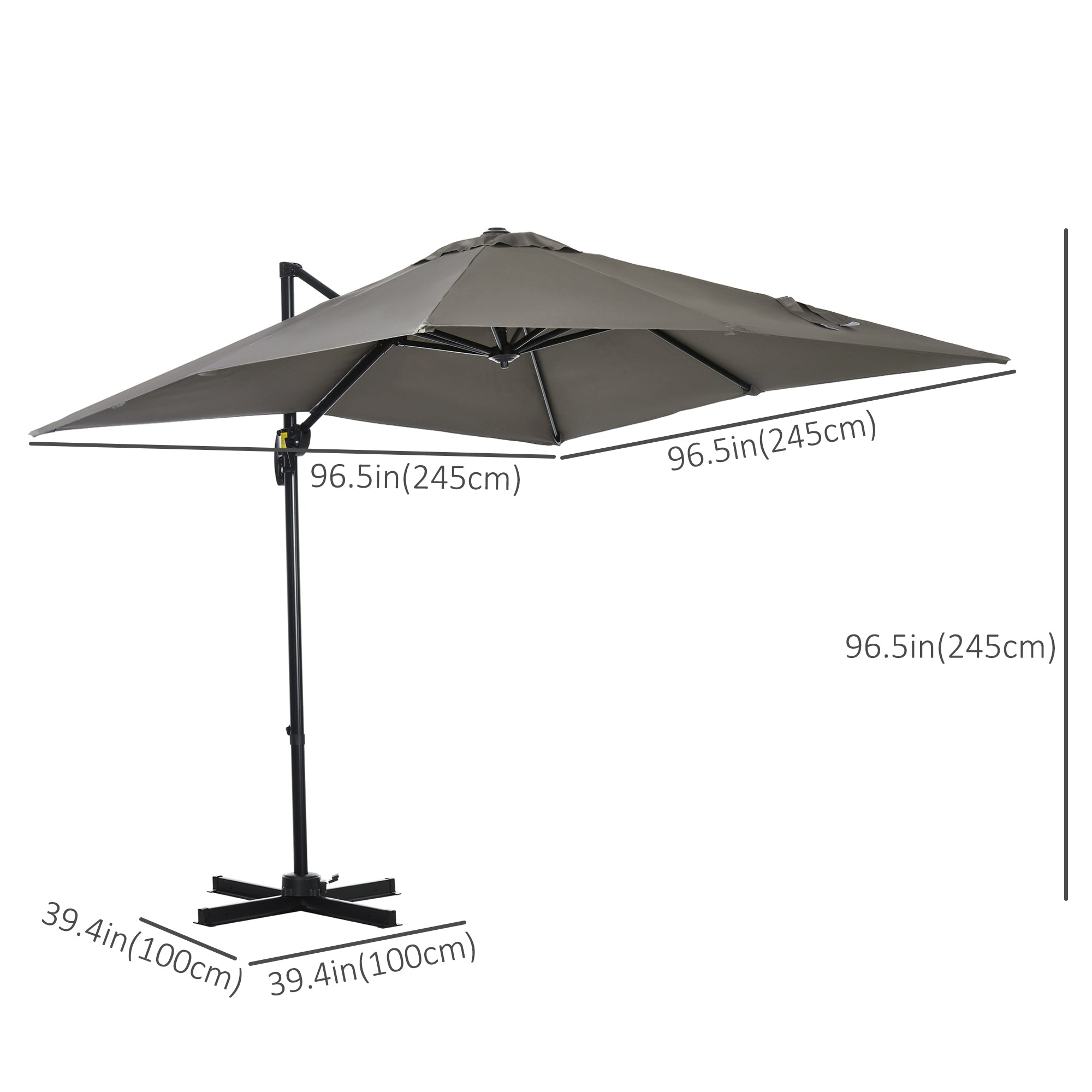 Outsunny 8' x 8' Square Patio Hanging Offset Umbrella with 360° Rotation, Aluminum Outdoor Cantilever Parasol with Crank & Tilt, Sun Canopy Shelter with Cross Base, Light Grey