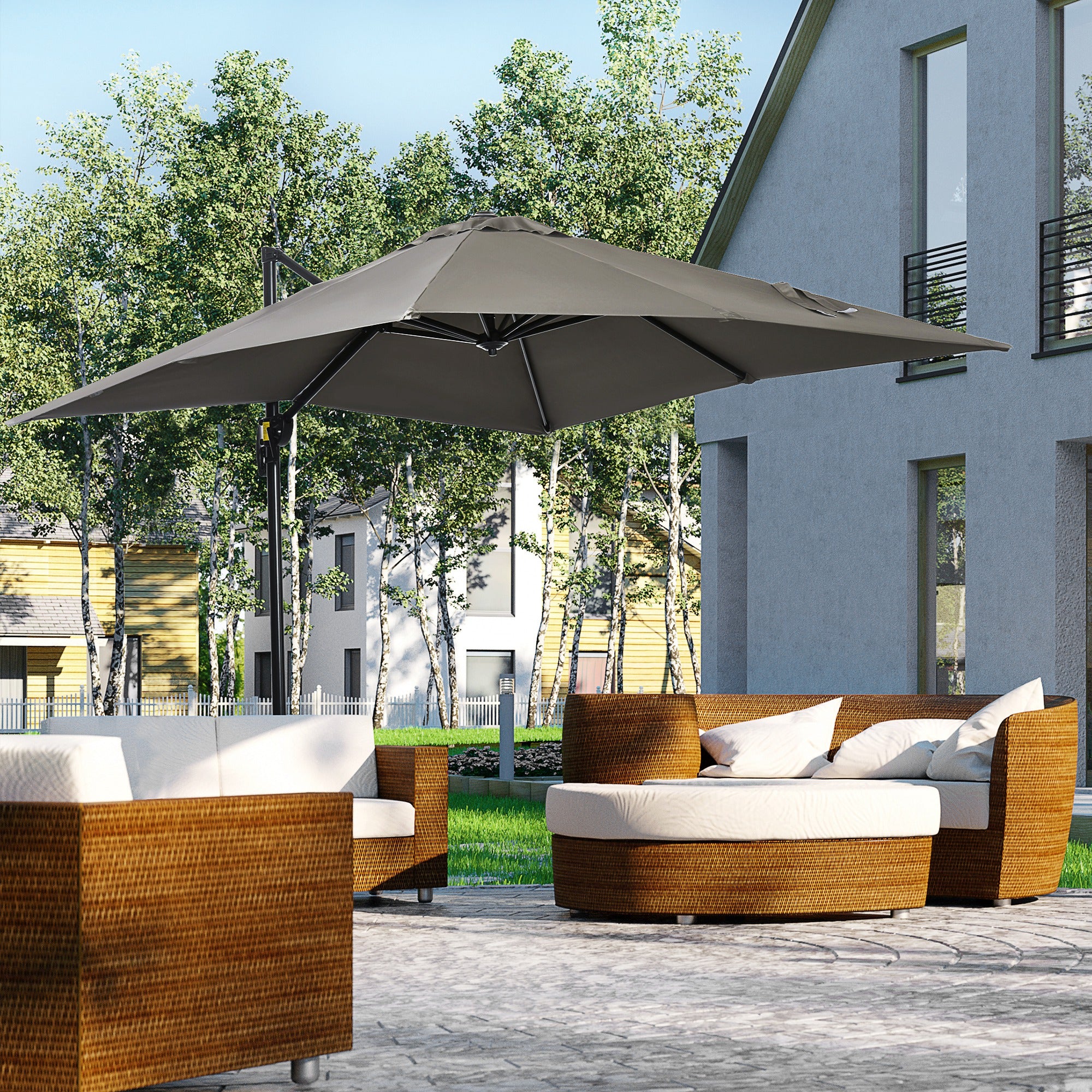 Outsunny 8' x 8' Square Patio Hanging Offset Umbrella with 360° Rotation, Aluminum Outdoor Cantilever Parasol with Crank & Tilt, Sun Canopy Shelter with Cross Base, Light Grey
