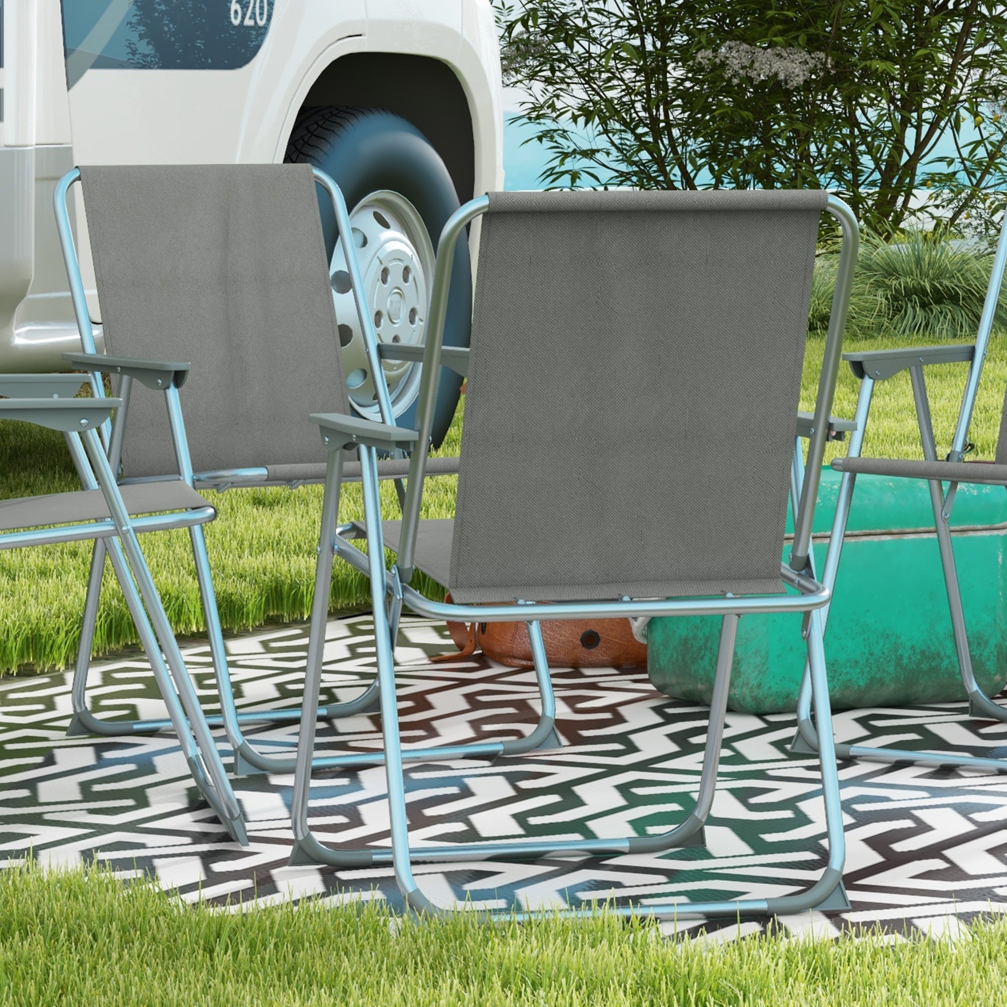 Outsunny 4 Pack Outdoor Folding Chair Set, Portable Camping Chairs with Armrest, Oxford Fabric Seat, Outdoor Chairs for Garden, Backyard, Lawn, Grey