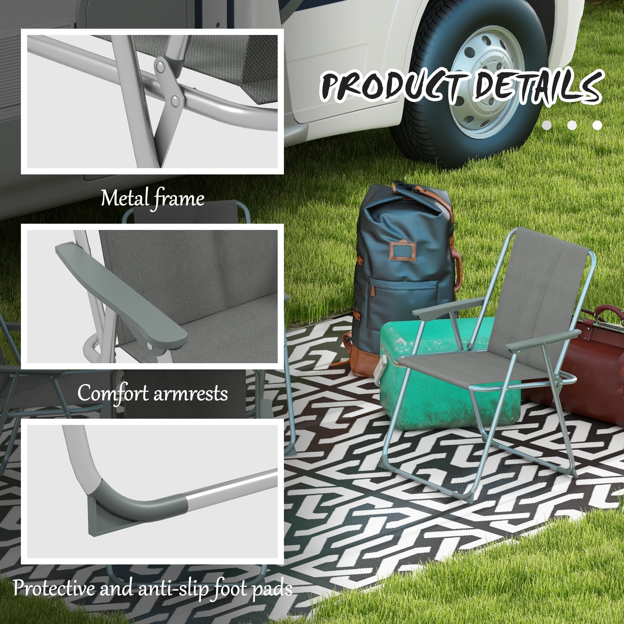 Outsunny 4 Pack Outdoor Folding Chair Set, Portable Camping Chairs with Armrest, Oxford Fabric Seat, Outdoor Chairs for Garden, Backyard, Lawn, Grey
