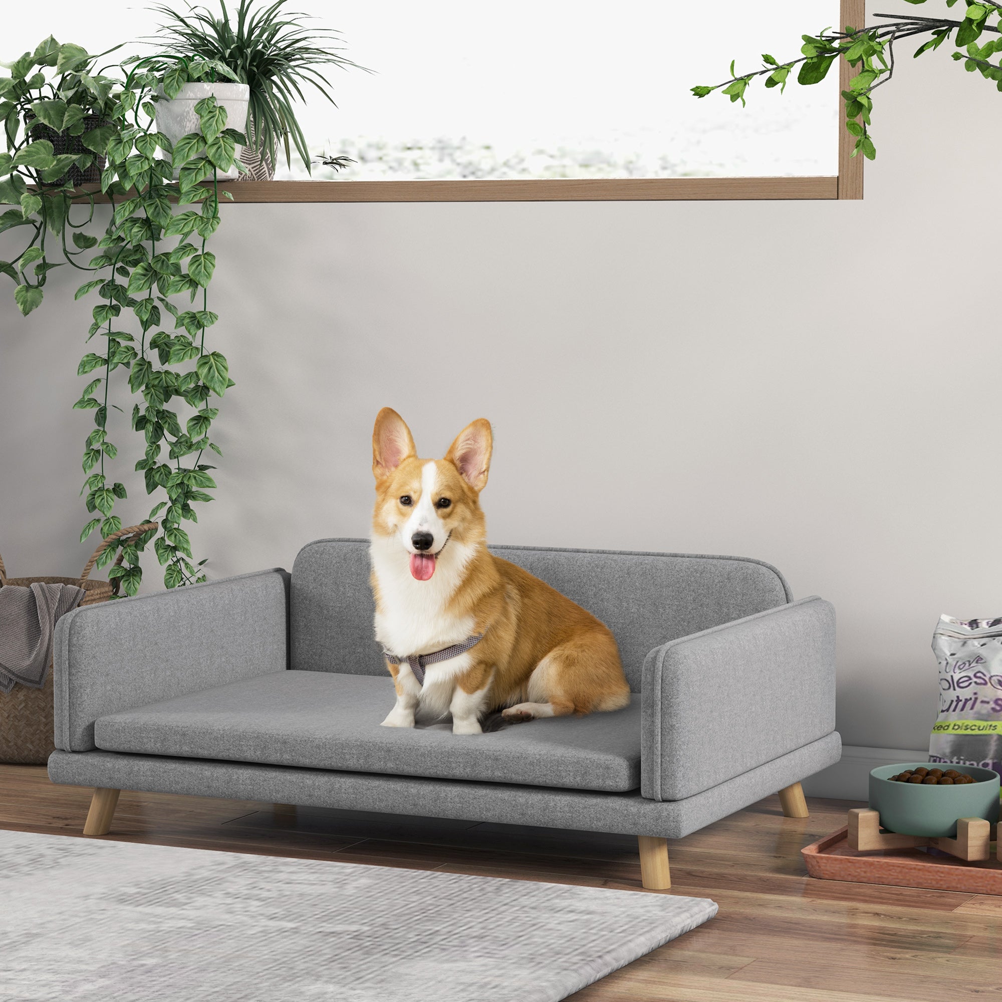 PawHut Dog Sofa for Medium Dogs, Pet Chair with Legs, Water-resistant Fabric, Removable Cover, Grey