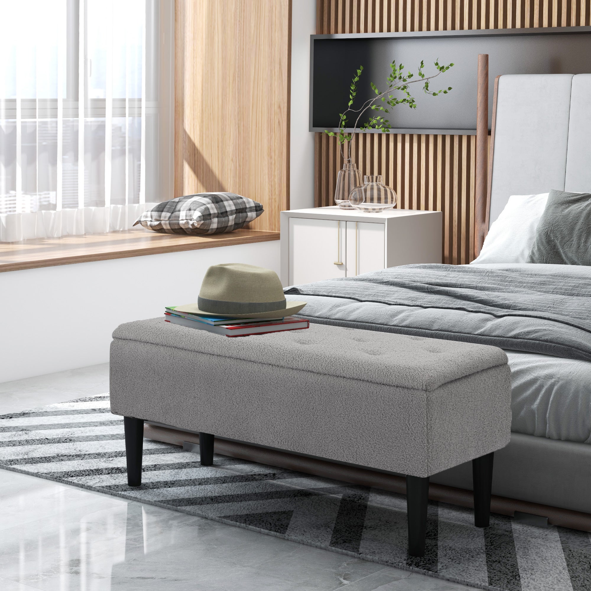 HOMCOM 37 Inch Modern Ottoman with Storage and Wooden Legs, Storage Ottoman with Teddy Velvet Upholstery, for Living Room, Bedroom, Grey
