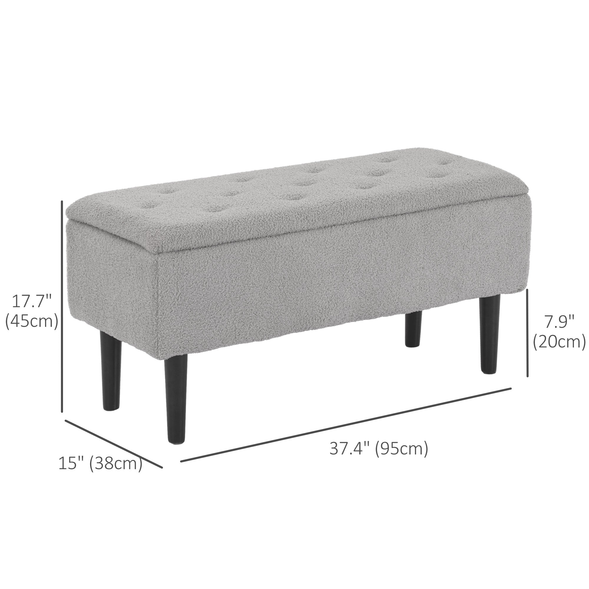 HOMCOM 37 Inch Modern Ottoman with Storage and Wooden Legs, Storage Ottoman with Teddy Velvet Upholstery, for Living Room, Bedroom, Grey