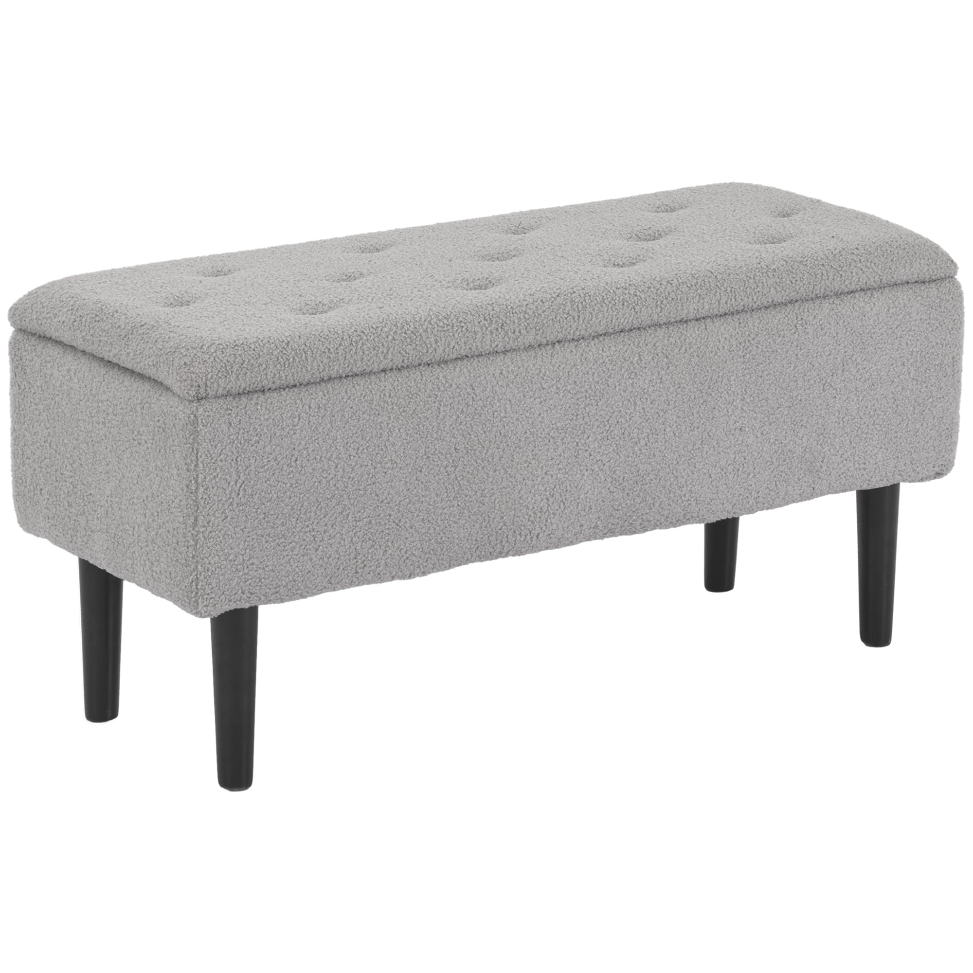 HOMCOM 37 Inch Modern Ottoman with Storage and Wooden Legs, Storage Ottoman with Teddy Velvet Upholstery, for Living Room, Bedroom, Grey