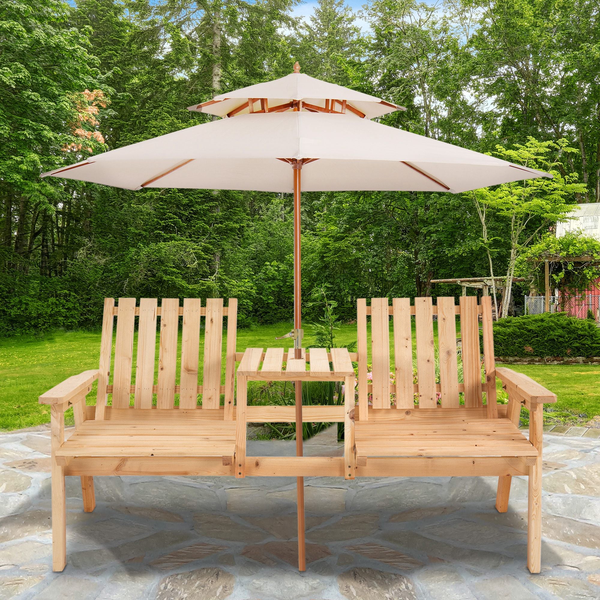 Outsunny 2-Seater Outdoor Wooden Bench with Middle Table and Umbrella Hole, Garden Bench for 2 Persons, Patio Loveseat with Slatted Seat and Back, Nature Wood
