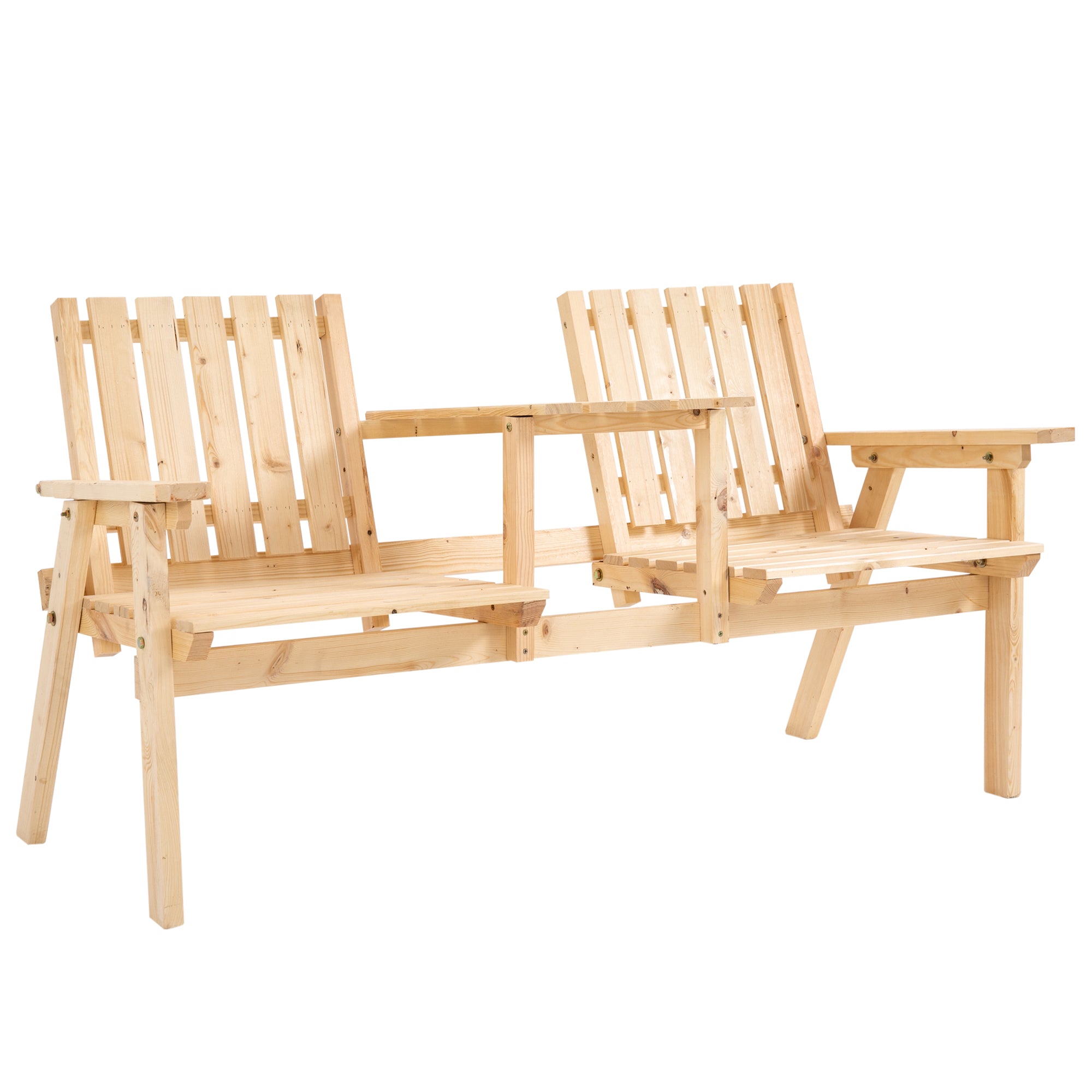 Outsunny 2-Seater Outdoor Wooden Bench with Middle Table and Umbrella Hole, Garden Bench for 2 Persons, Patio Loveseat with Slatted Seat and Back, Nature Wood