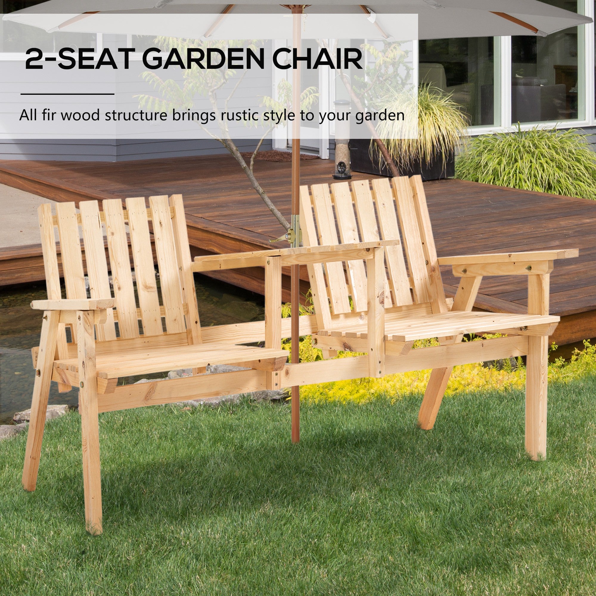 Outsunny 2-Seater Outdoor Wooden Bench with Middle Table and Umbrella Hole, Garden Bench for 2 Persons, Patio Loveseat with Slatted Seat and Back, Nature Wood