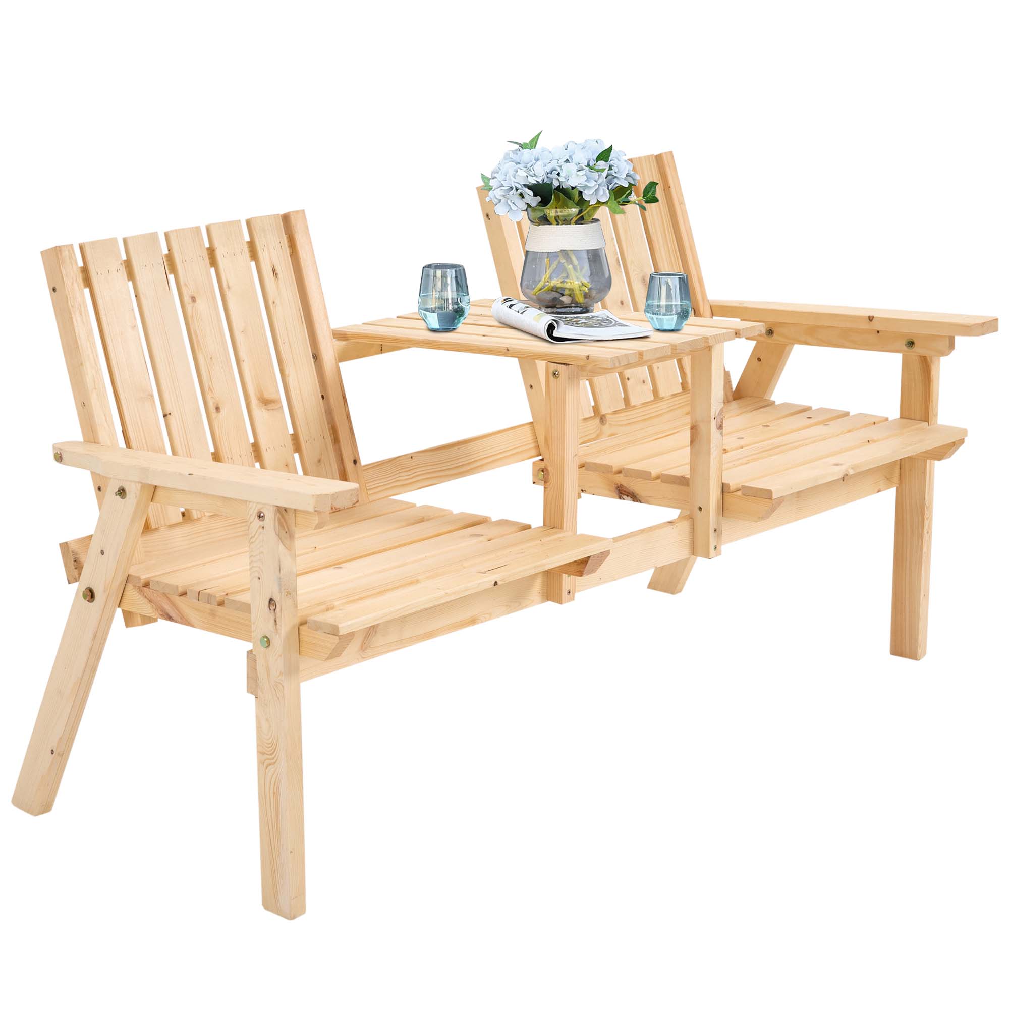 Outsunny 2-Seater Outdoor Wooden Bench with Middle Table and Umbrella Hole, Garden Bench for 2 Persons, Patio Loveseat with Slatted Seat and Back, Nature Wood