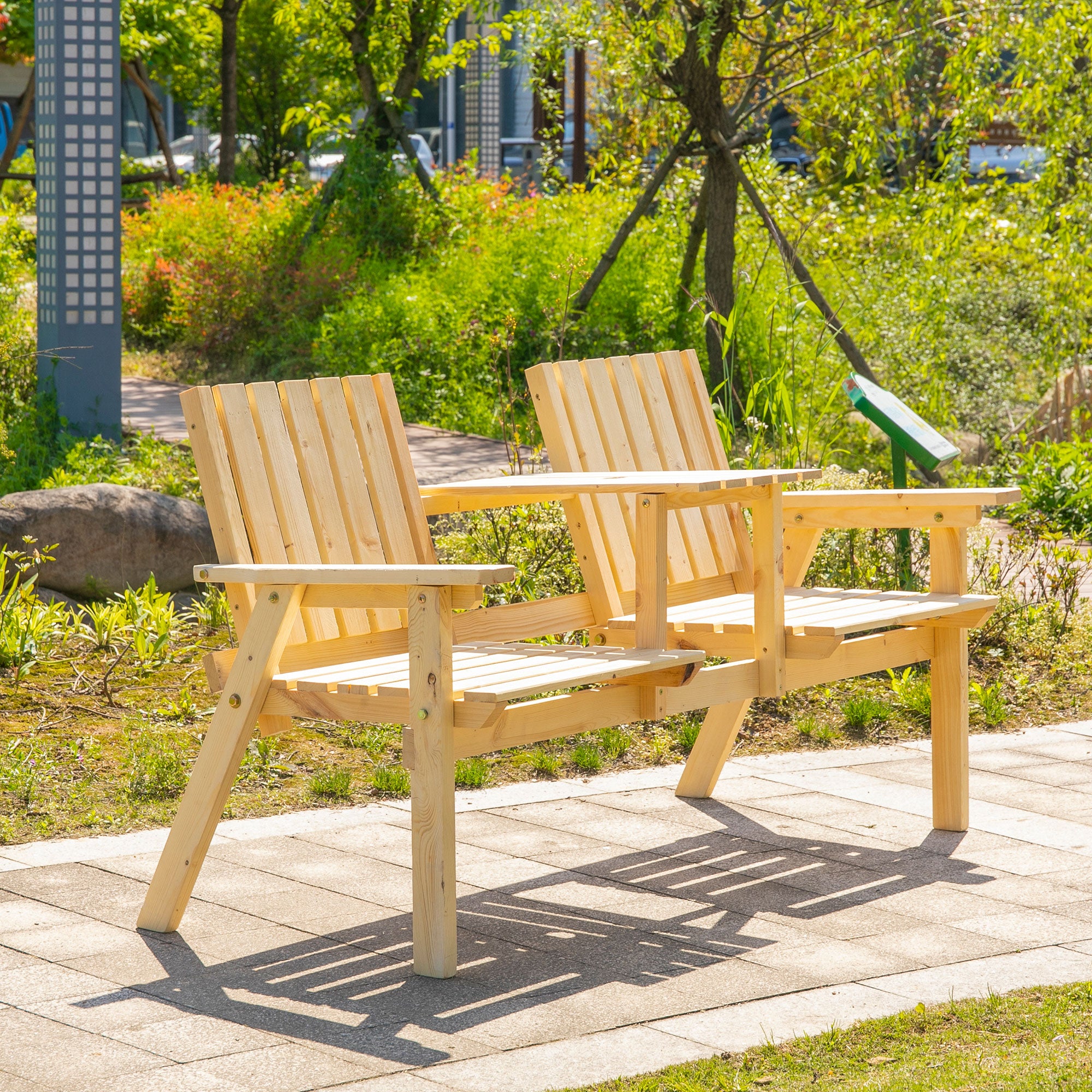Outsunny 2-Seater Outdoor Wooden Bench with Middle Table and Umbrella Hole, Garden Bench for 2 Persons, Patio Loveseat with Slatted Seat and Back, Nature Wood