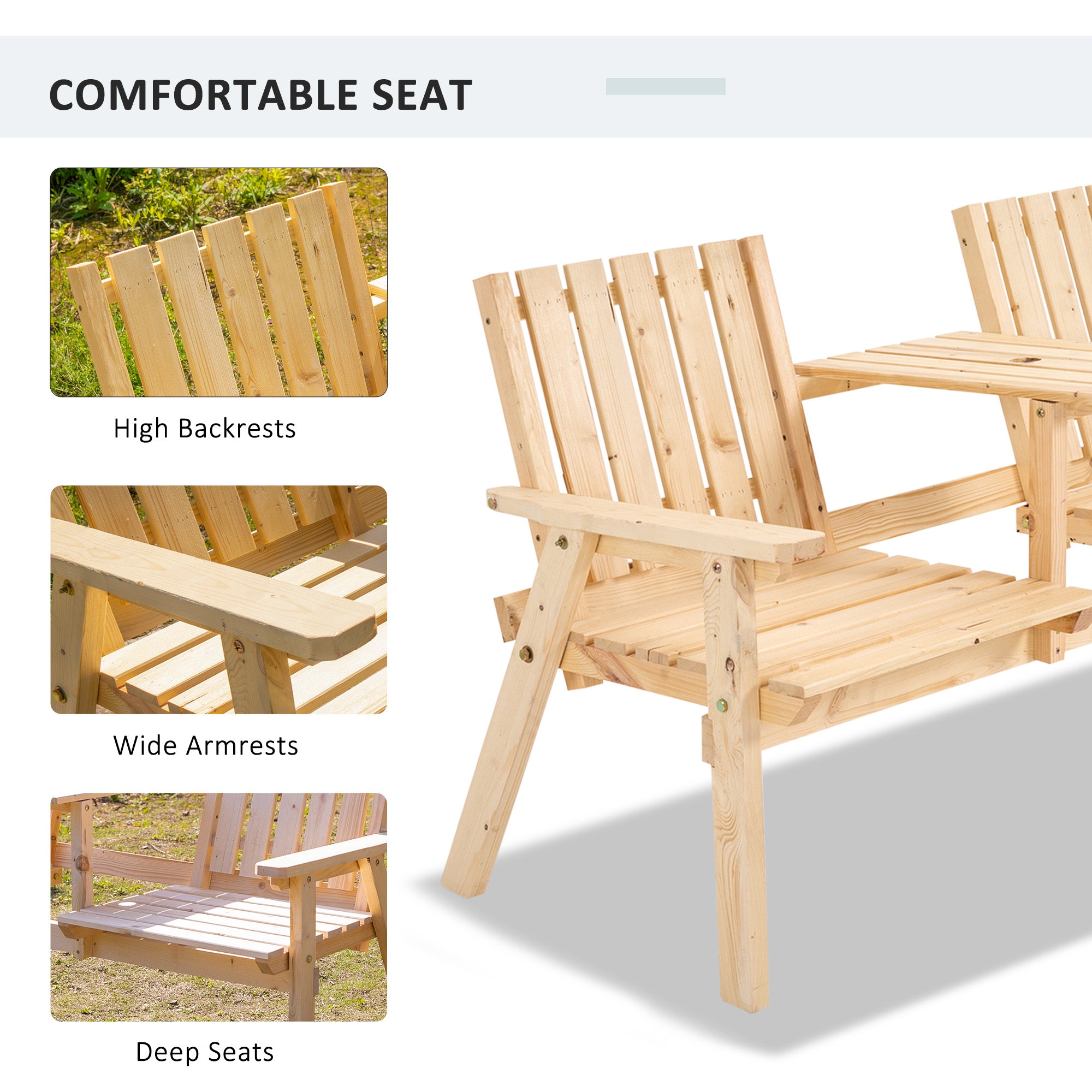 Outsunny 2-Seater Outdoor Wooden Bench with Middle Table and Umbrella Hole, Garden Bench for 2 Persons, Patio Loveseat with Slatted Seat and Back, Nature Wood