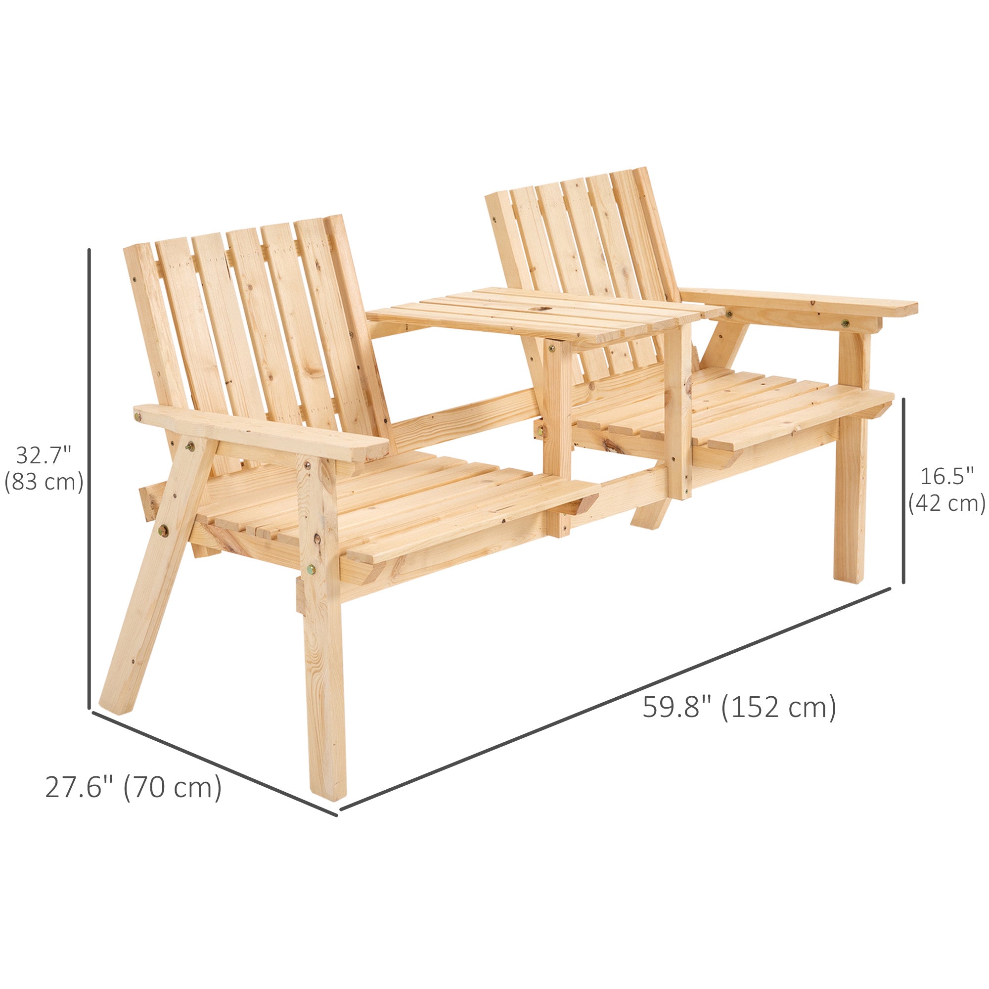 Outsunny 2-Seater Outdoor Wooden Bench with Middle Table and Umbrella Hole, Garden Bench for 2 Persons, Patio Loveseat with Slatted Seat and Back, Nature Wood