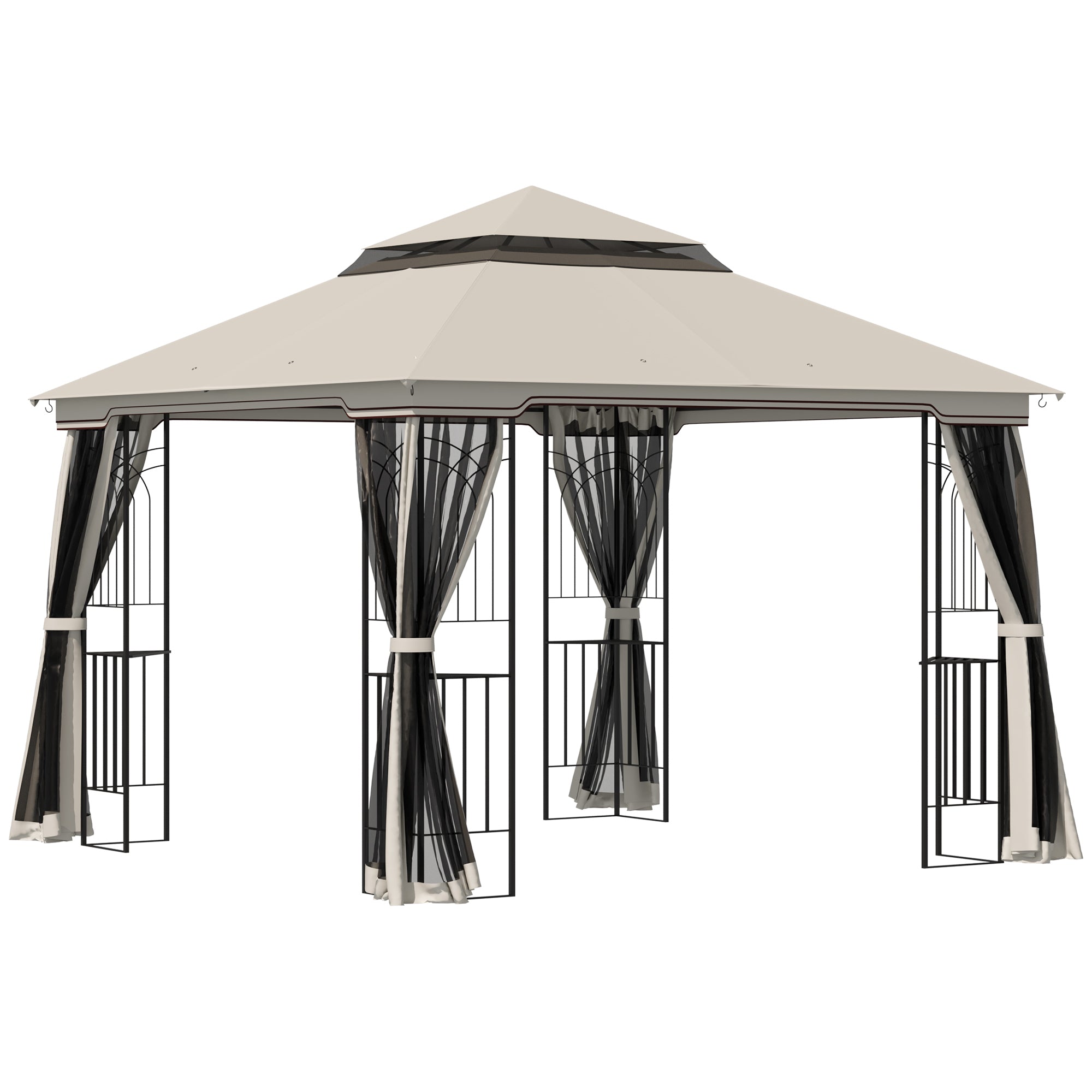 Outsunny 10' x 10' Outdoor Patio Gazebo Canopy with Double Tier Roof, Removable Mesh Curtains, Display Shelves, Top Hooks, Beige