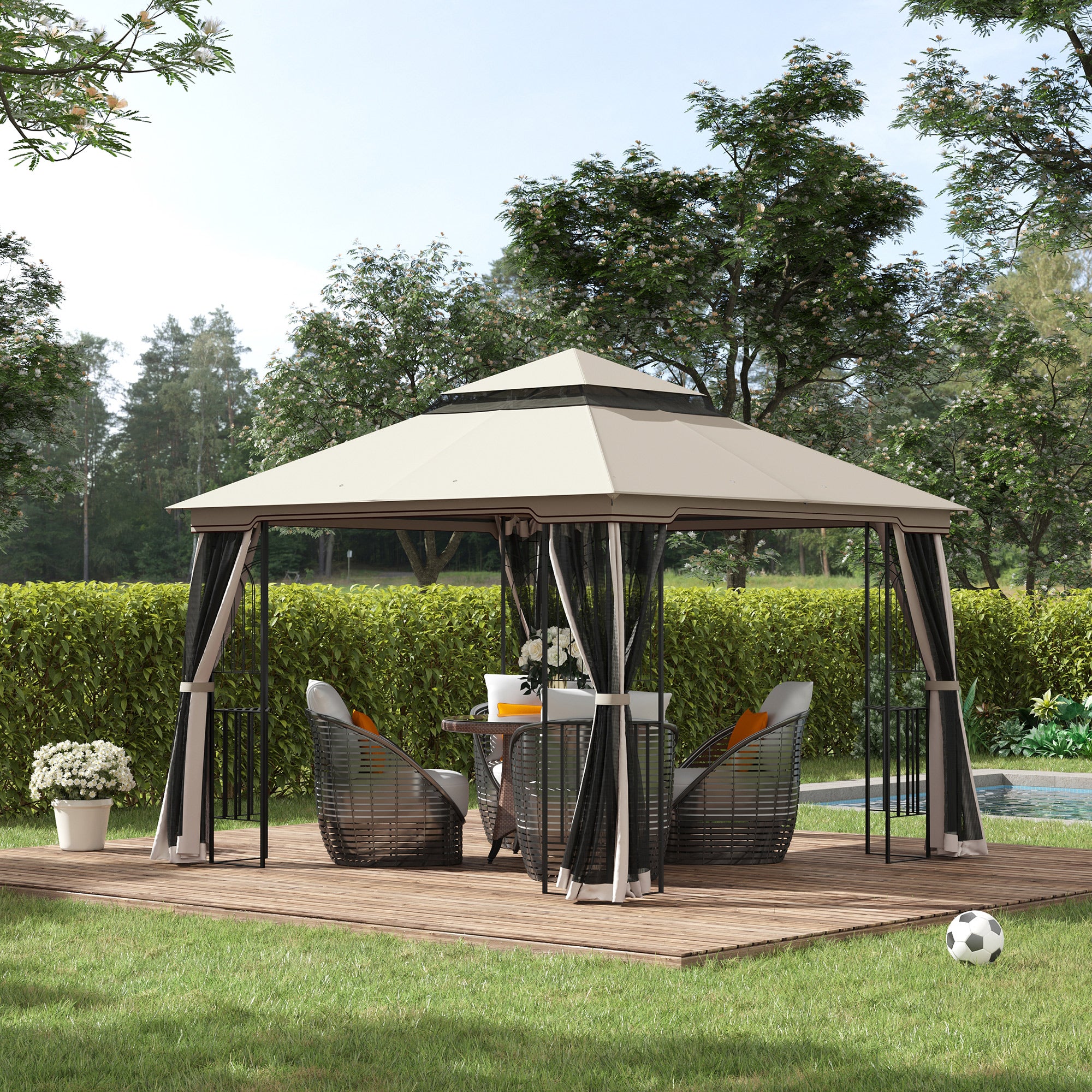 Outsunny 10' x 10' Outdoor Patio Gazebo Canopy with Double Tier Roof, Removable Mesh Curtains, Display Shelves, Top Hooks, Beige
