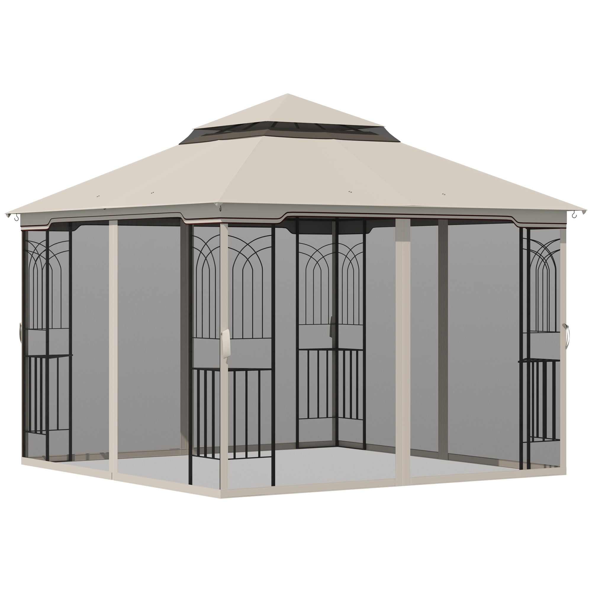 Outsunny 10' x 10' Outdoor Patio Gazebo Canopy with Double Tier Roof, Removable Mesh Curtains, Display Shelves, Top Hooks, Beige