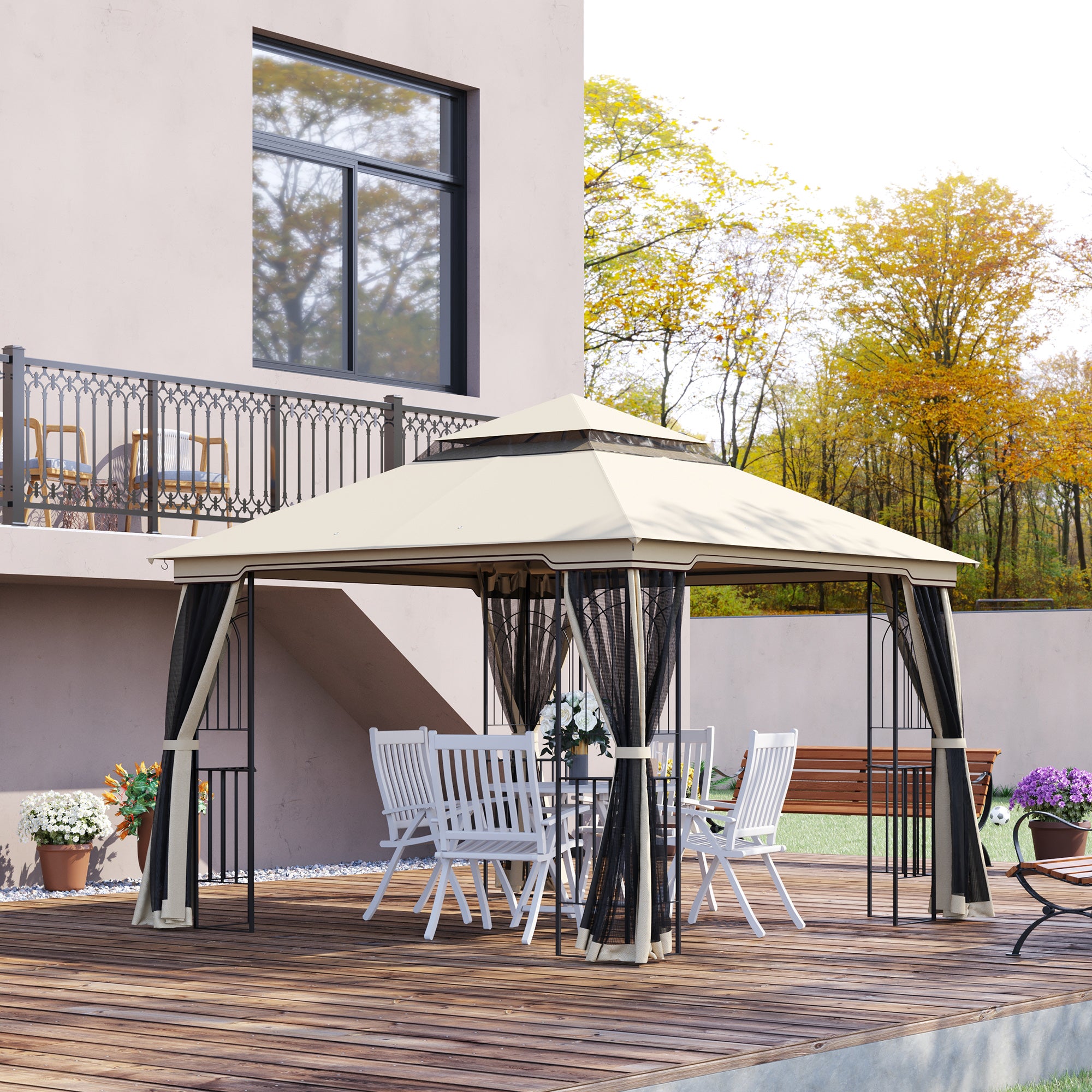Outsunny 10' x 10' Outdoor Patio Gazebo Canopy with Double Tier Roof, Removable Mesh Curtains, Display Shelves, Top Hooks, Beige