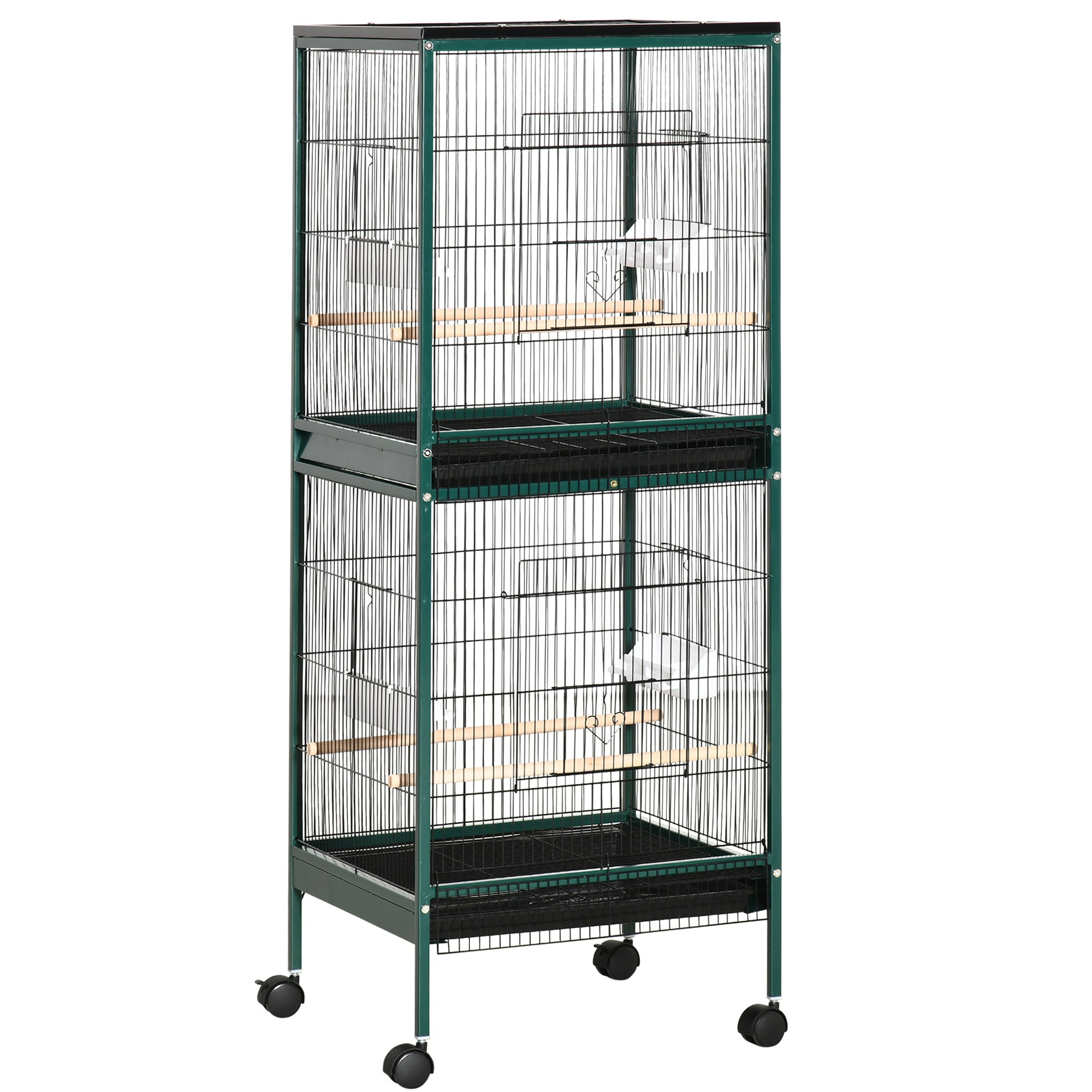PawHut 55.1" 2 In 1 Bird Cage Aviary Parakeet House for finches, budgies with Wheels, Slide-out Trays, Wood Perch, Food Containers, Green