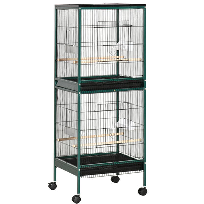 PawHut 55.1" 2 In 1 Bird Cage Aviary Parakeet House for finches, budgies with Wheels, Slide-out Trays, Wood Perch, Food Containers, Green